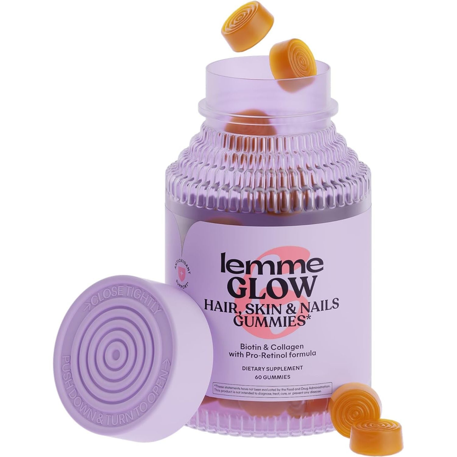 Lemme Glow Collagen Gummies for Thick Hair, Strong Nails & Healthy Skin, Peach Flavor, 60 Count