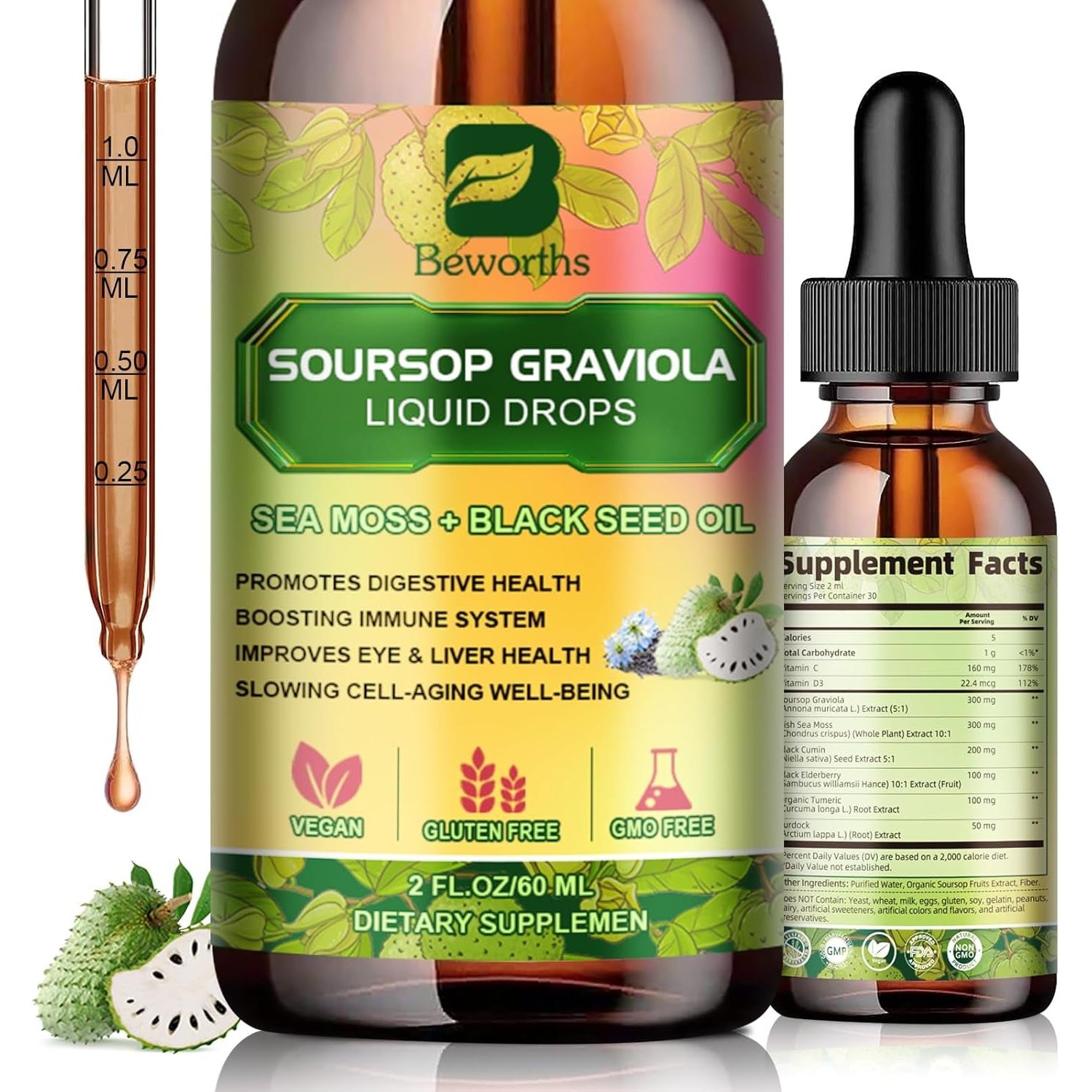 Soursop Bitters Liquid Drops with Irish Sea Moss, Black Seed Oil, Soursop Graviola Leaves Extract - Slowing Cell-Aging, Gut Cleanse, Detox & Immunity Health