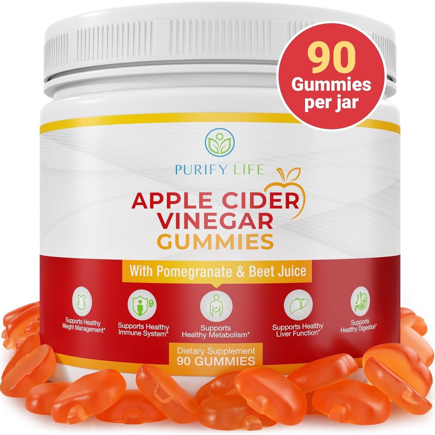 Detox Apple Cider Vinegar Gummies for Adults - Improved Gut Health, Energy, Digestion & Immune Support (90 Chews)
