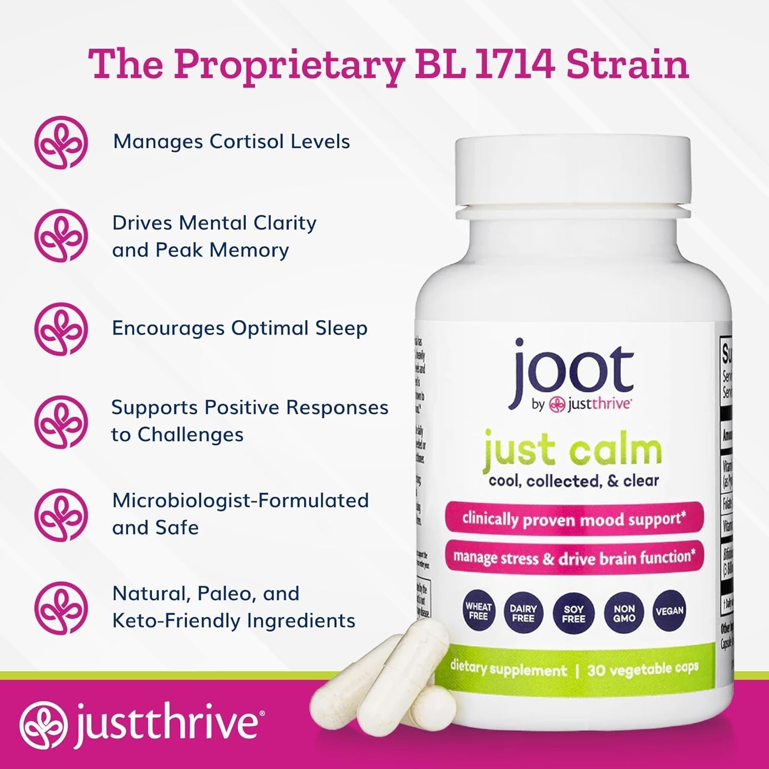 Just Thrive - Just Calm - Cortisol Manager - Calming, Memory, and Mood Support 30 Capsules