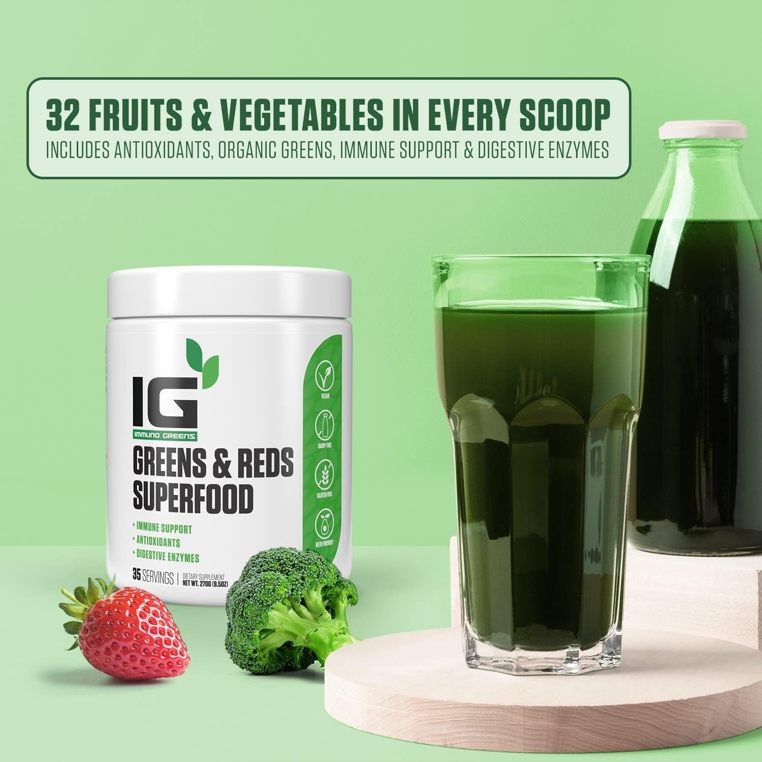 Immuno Greens Powder with Antioxidants, Digestive Enzymes, Immune Support 35 Servings
