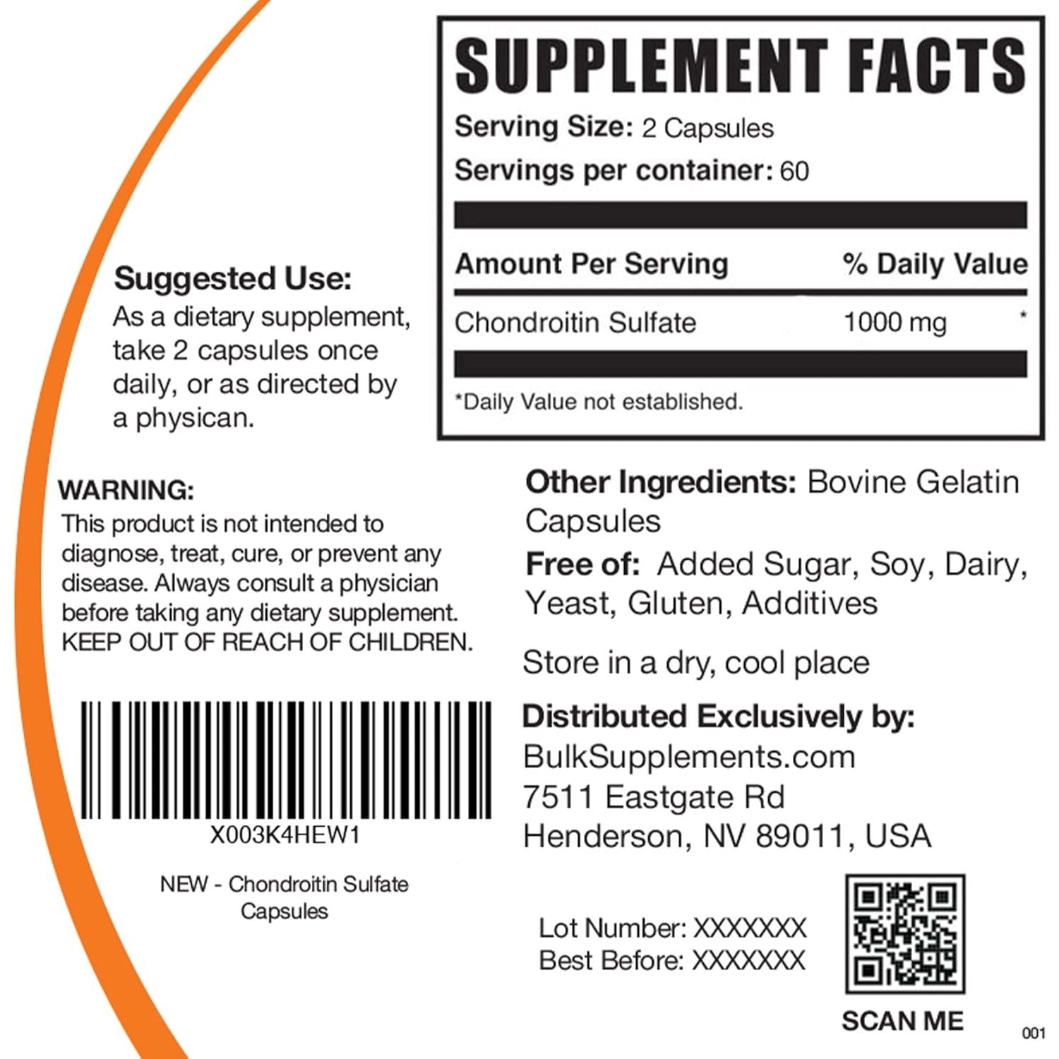 Bulksupplements.Com Chondroitin Sulfate Capsules - Bone & Joint Supplement, 120 Capsules/60 Servings