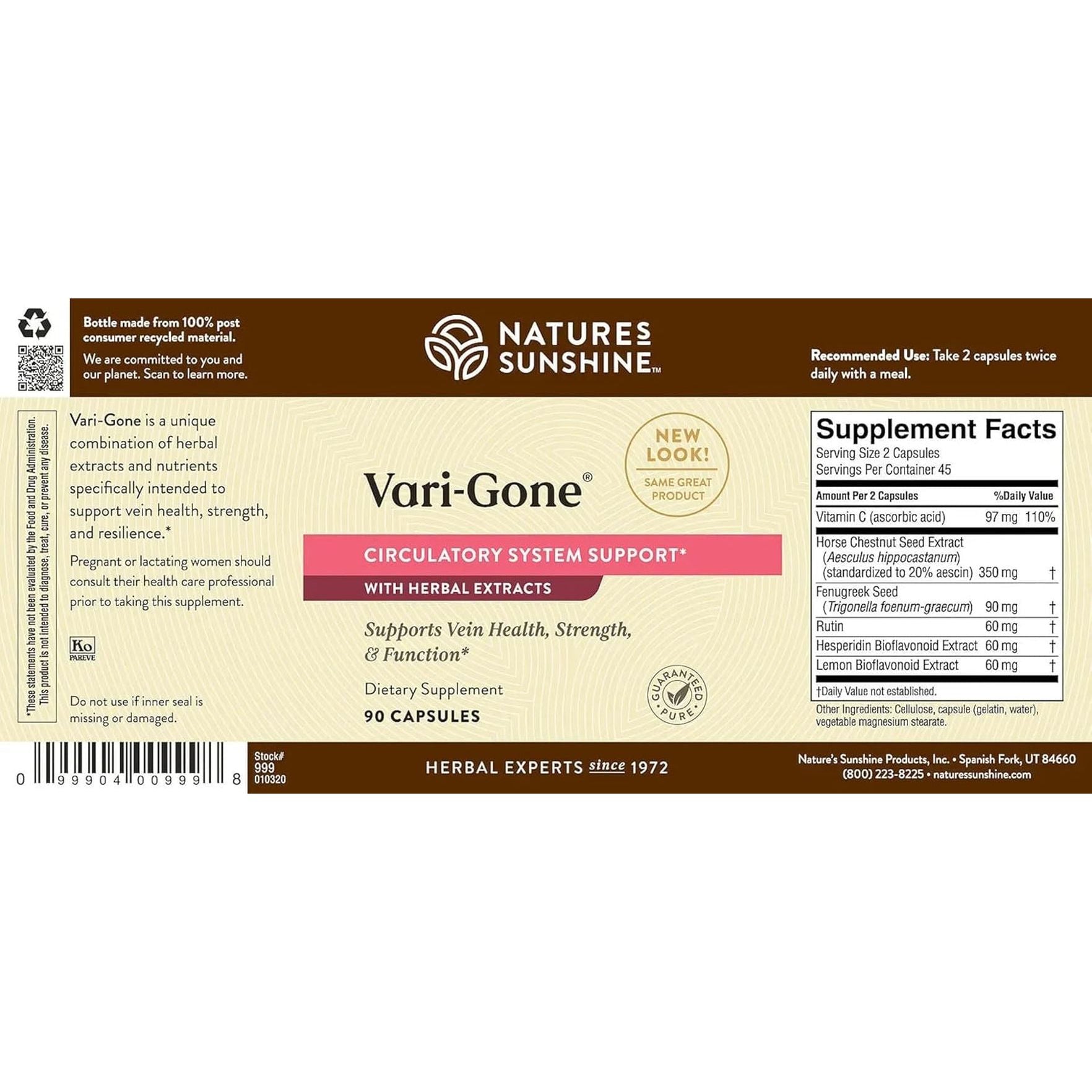 Nature'S Sunshine Vari-Gone, Supports Circulation for Vein Health, Strength, and Function 90 Capsules