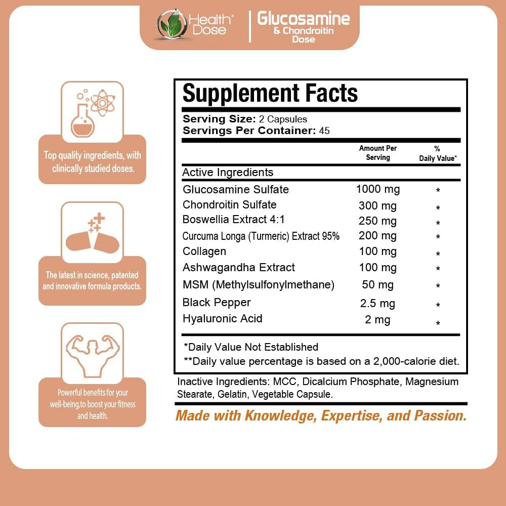 Premium Joint Support - Glucosamine Chondroitin MSM Turmeric Boswellia & Hyaluronic Acid - 90 Capsules