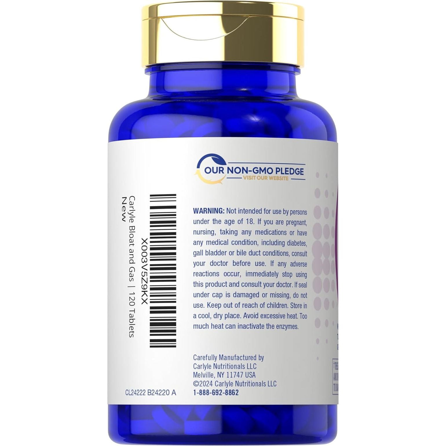 Carlyle Bloat & Gas Support | Supplement with Enzymes, Turmeric, Ginger & More 120 Tablets