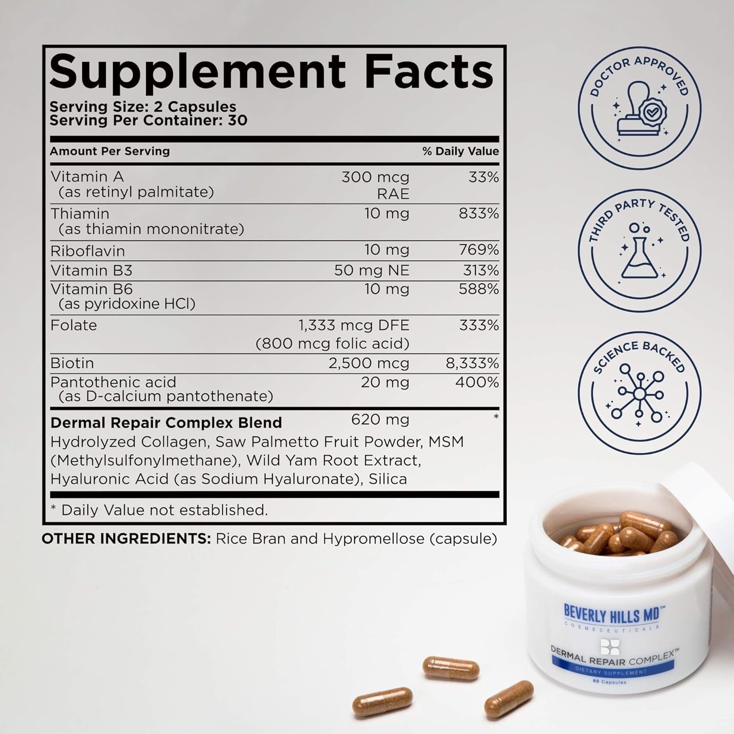 Beverly Hills MD Dermal Repair Anti-Aging Supplement - Hyaluronic Acid, Collagen, Vitamins for Smooth, Plump Skin