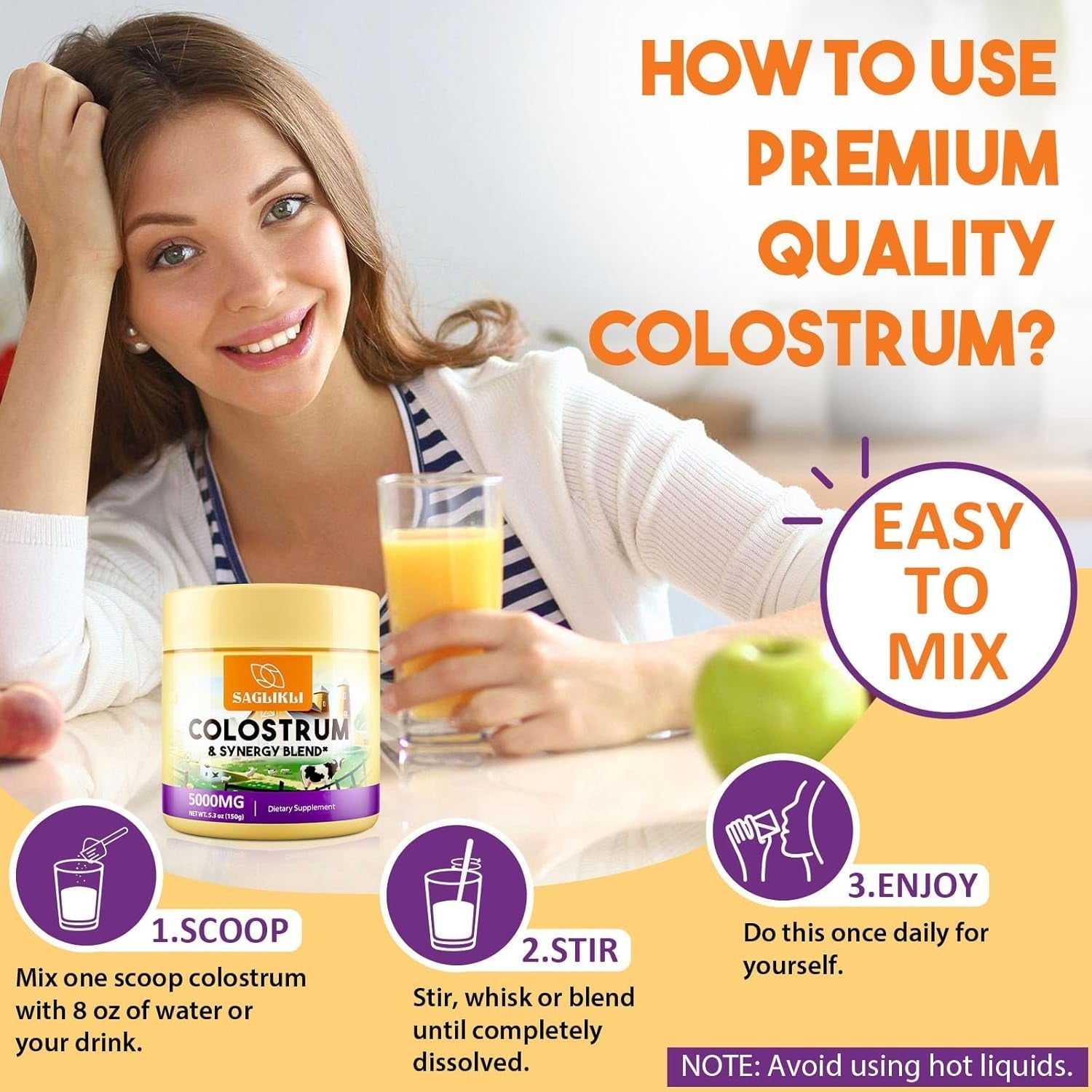 Colostrum Powder Supplement 5,000 Mg with Prebiotics, Probiotics, Lactoferrin & PRP, 30 Servings