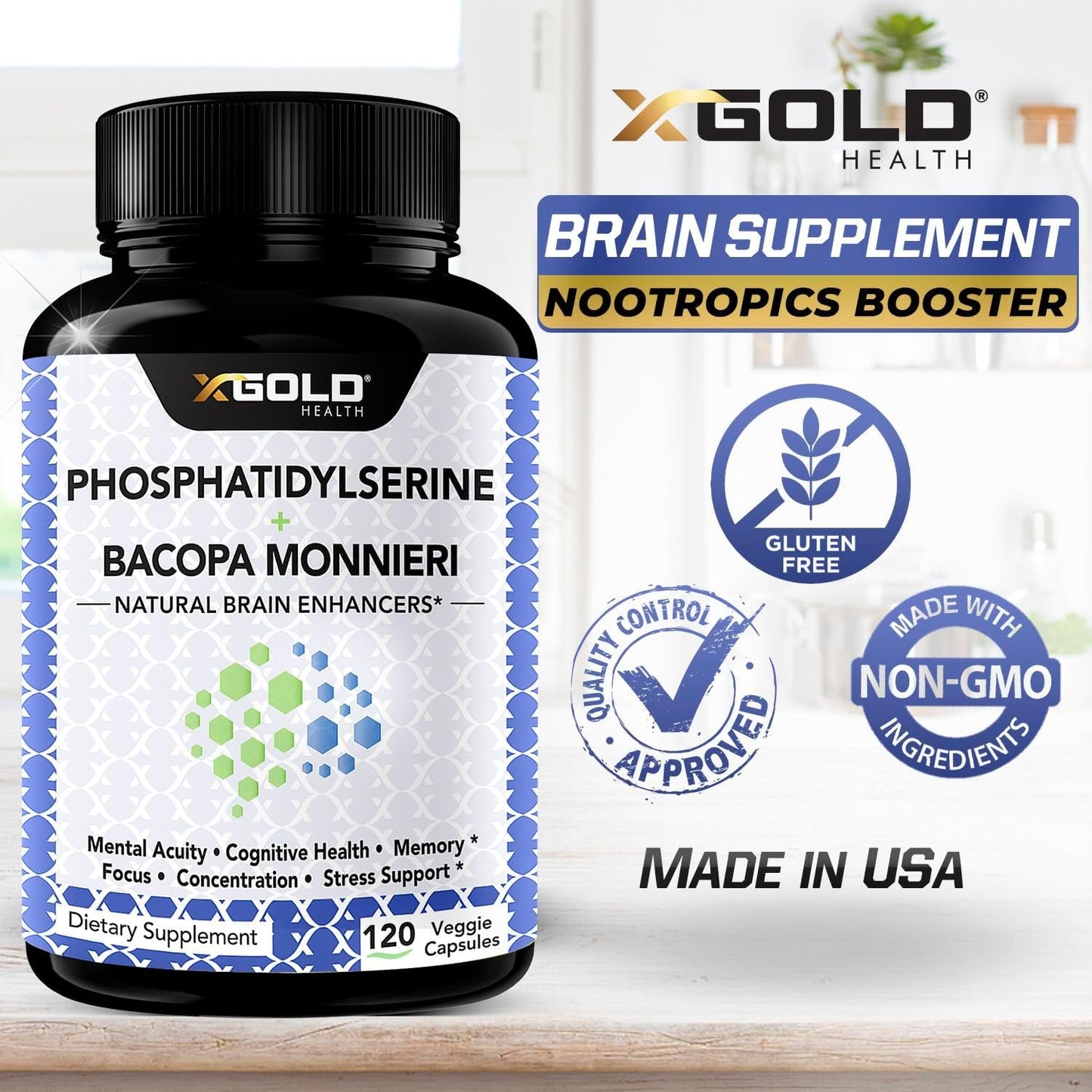 Phosphatidylserine & Bacopa Monnieri 400 Mg 2 in 1 Supplement - Natural Brain Enhancer/Nootropic - 120 Vegetarian Capsules
