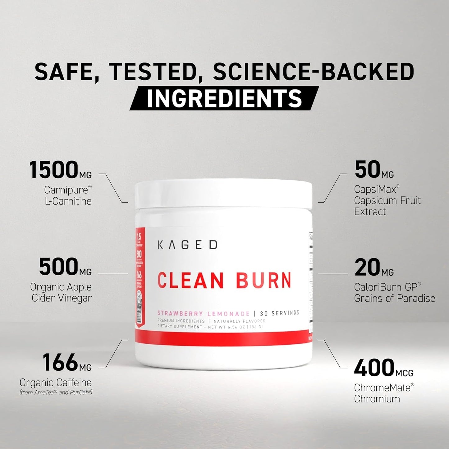 Kaged Thermogenic Powder Clean Burn Strawberry Lemonade for Weight Management 30 Servings