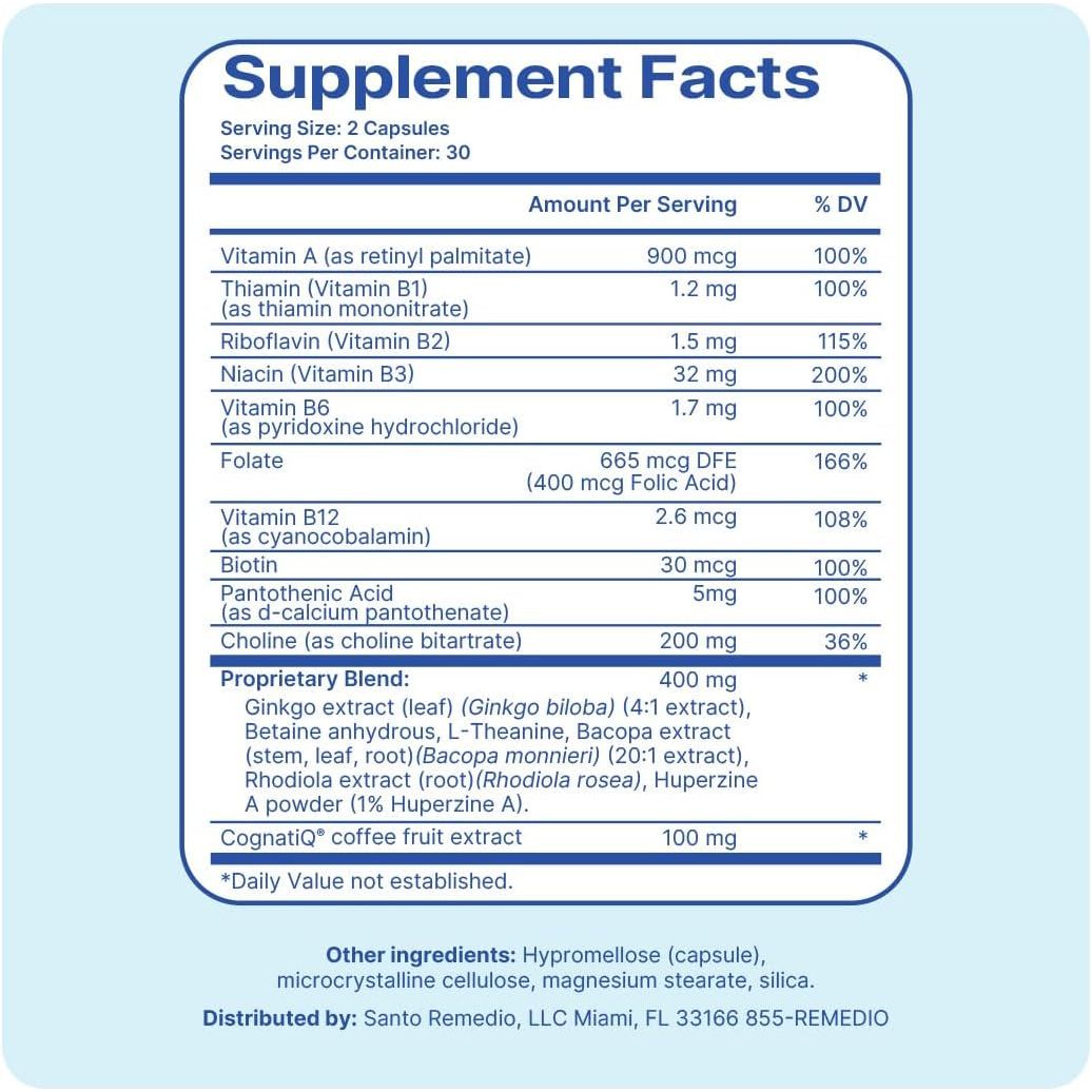 Santo Remedio Memoria, Brain Health Booster, Helps Strengthen Neural Connections, 30 Servings