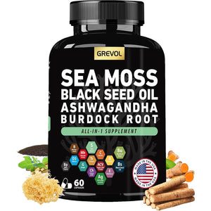 Sea Moss Black Seed Oil Ashwagandha Bladderwrack Burdock Root Turmeric - Multimineral Supplement - 60 Count