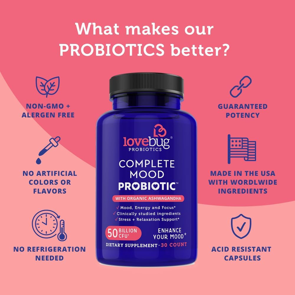 Lovebug Complete | 10 Clinically Studied Probiotic Strains & Patented Organic Ashwagandha for Cortisol and Serotonin Support 30 Count