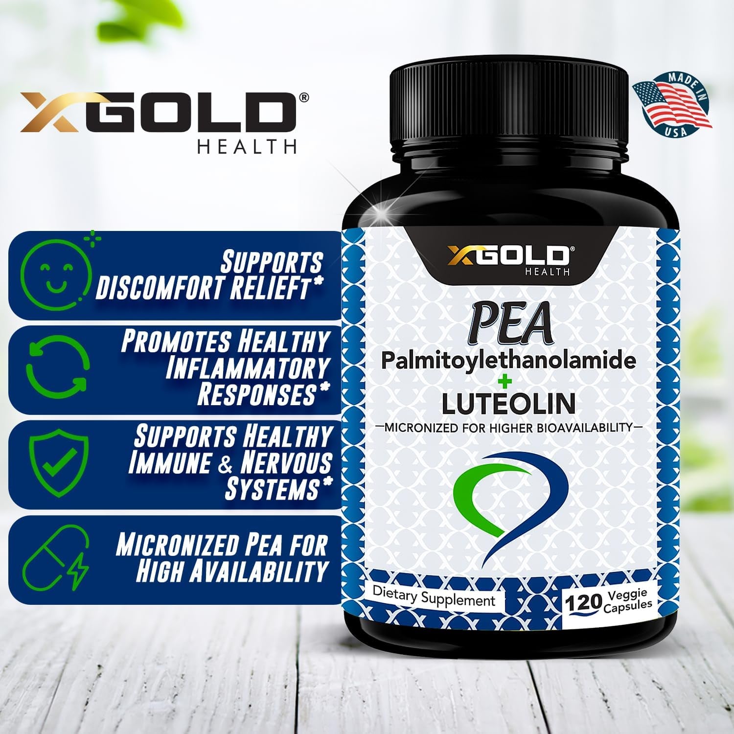 Palmitoylethanolamide 630 Mg + Luteolin Standardized 98% - Made in USA - 120 Veggie Capsules