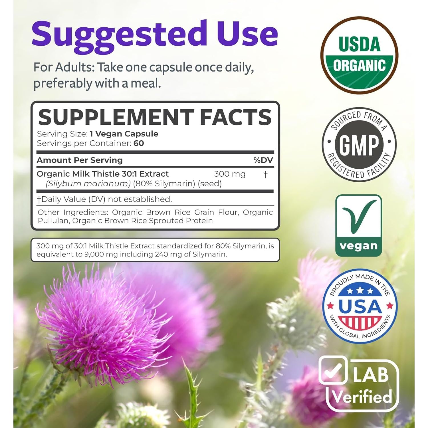 USDA Organic Milk Thistle Capsules - 80% Silymarin Supplement for Liver Support - 60 Day Supply