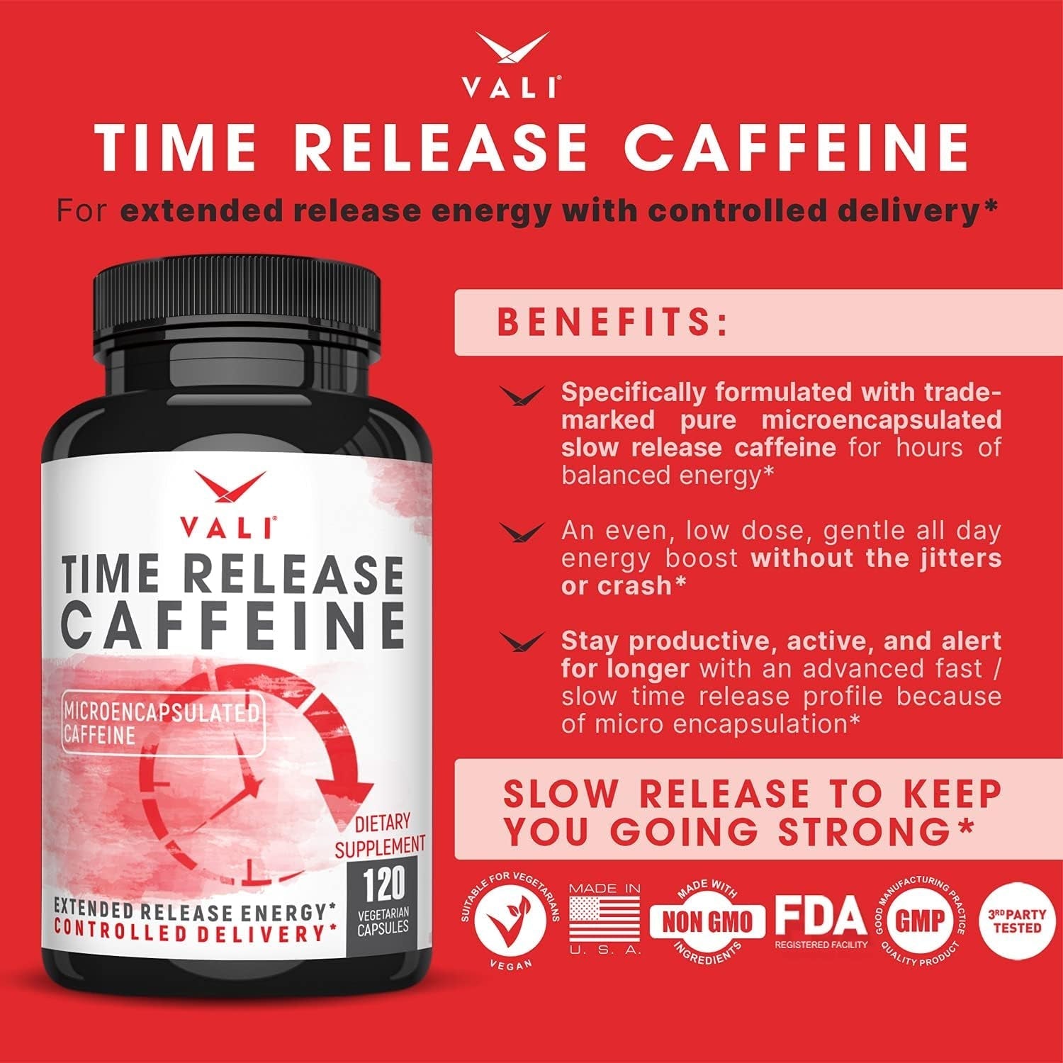 VALI Time Release Caffeine 100Mg Pills - Smart Slow Release for Extended Energy & Focus 120 Capsules