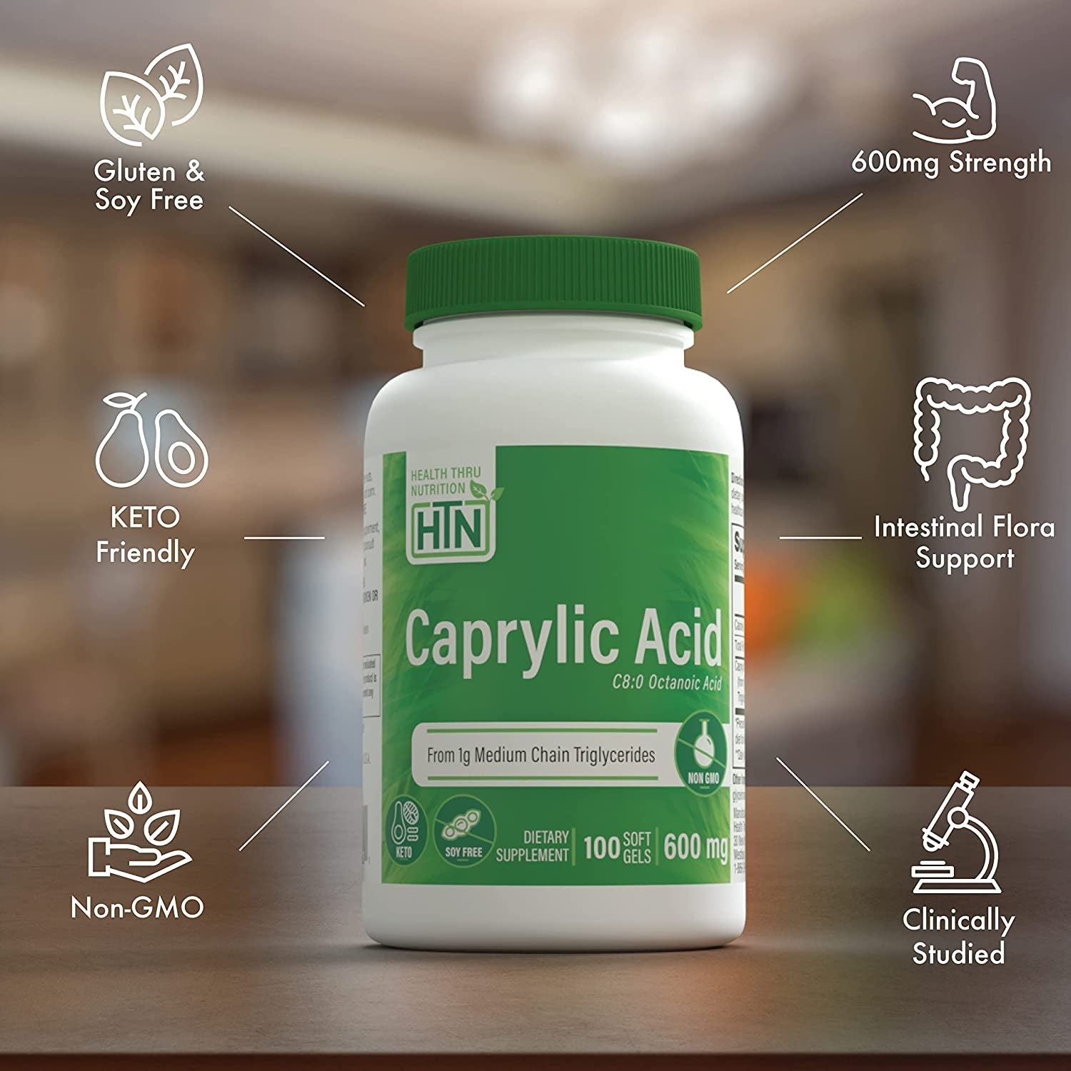 Health Thru Nutrition Caprylic Acid 600Mg 100 Softgels | Support Healthy Digestive and Intestinal Health 