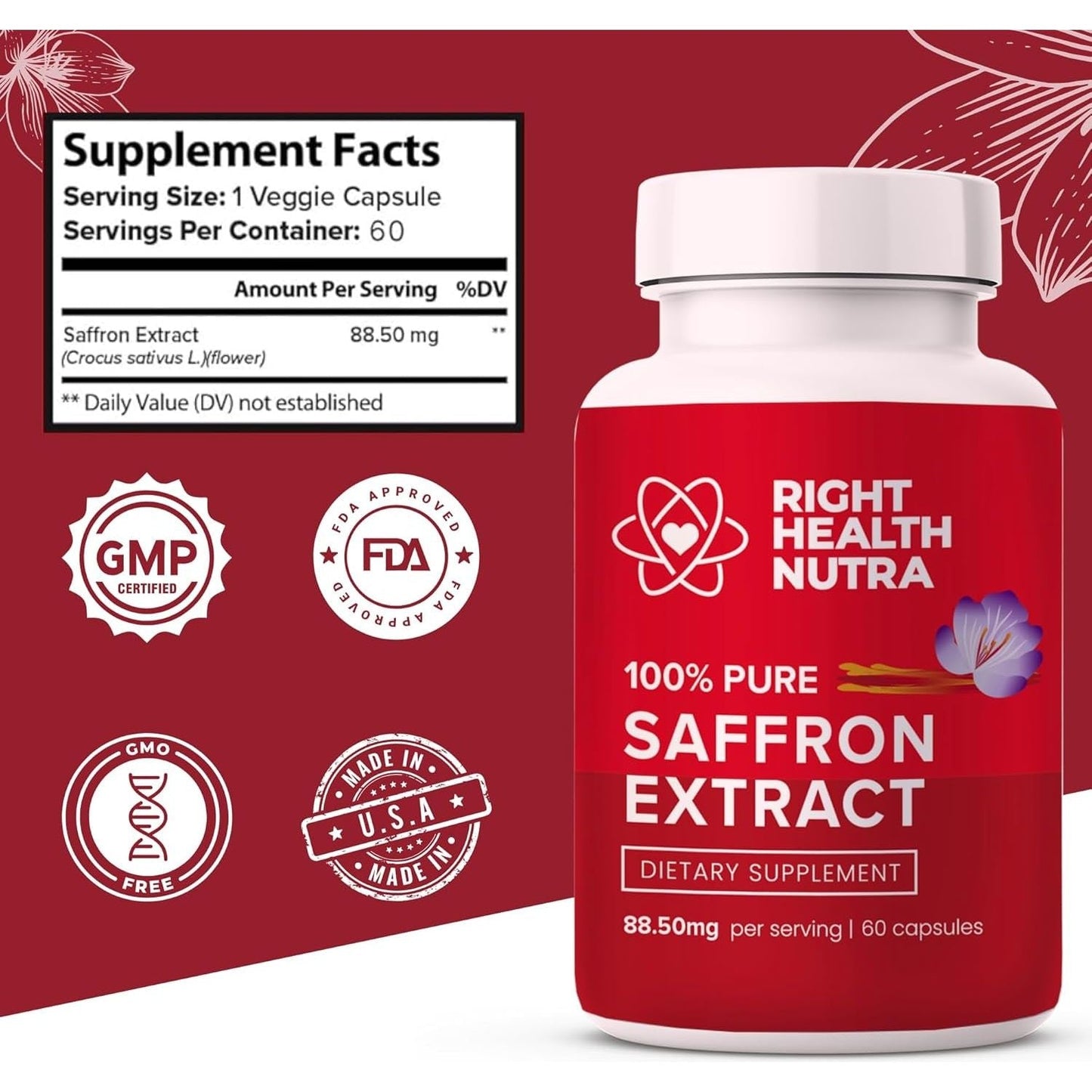 Right Health Nutra Saffron Supplements - Supports Mood | Focus | Digestion | Eye Health 60 Capsules
