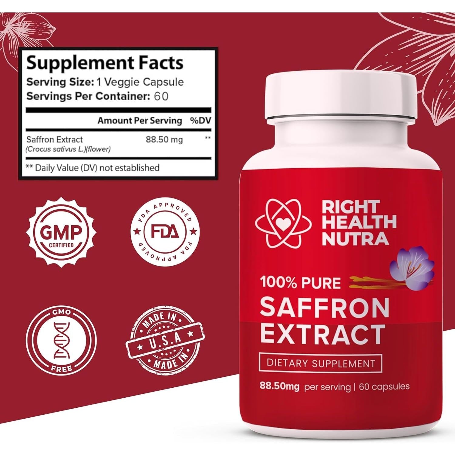 Right Health Nutra Saffron Supplements - Supports Mood | Focus | Digestion | Eye Health 60 Capsules