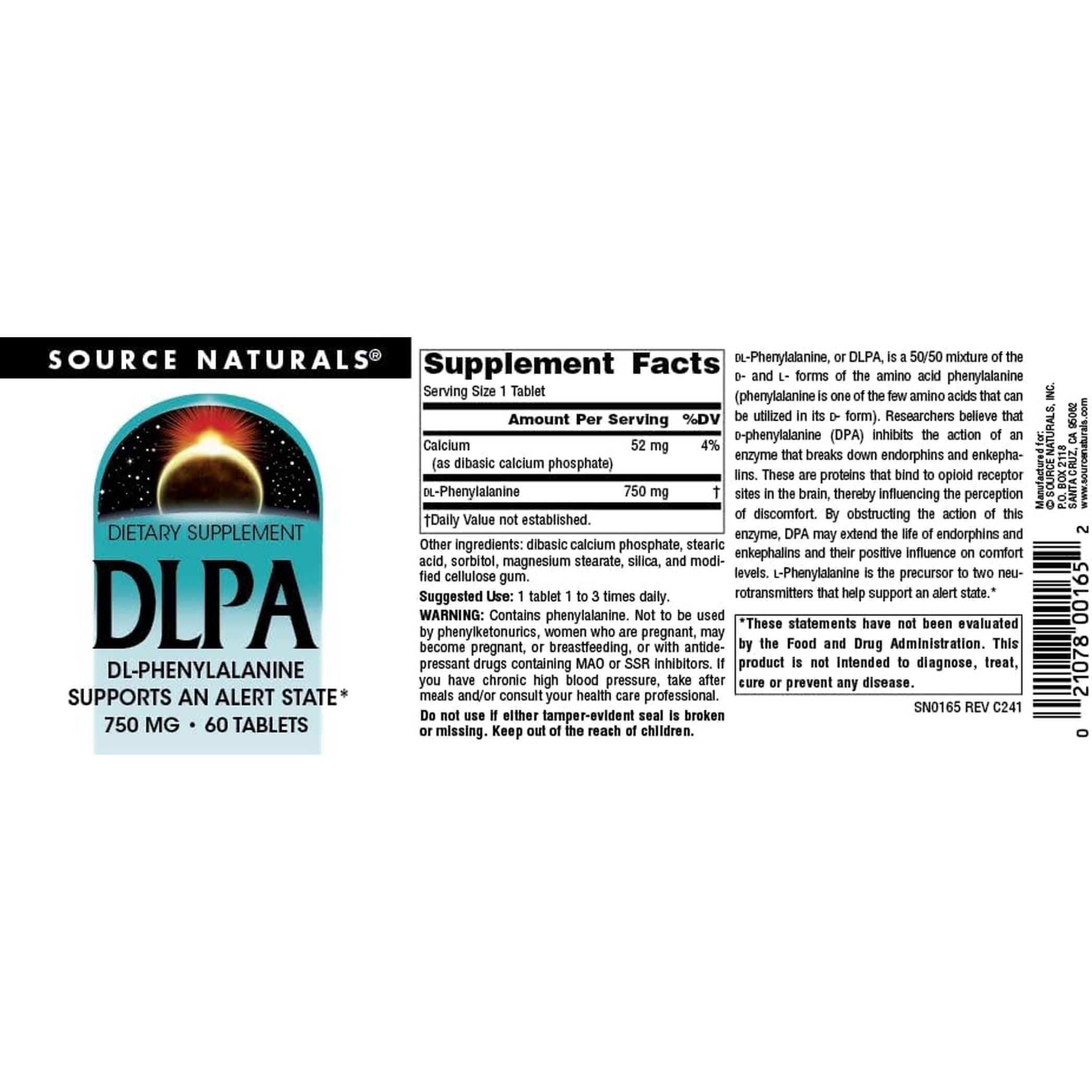 Source Naturals DLPA Dl-Phenylalanine* - 750 Mg - 60 Tablets