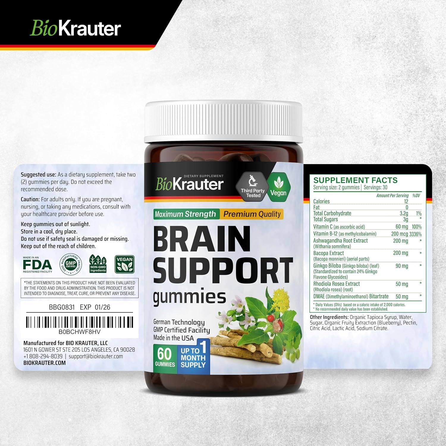 BIO KRAUTER Brain Support Gummies - Natural Brain Supplement - 60 Vegan Chews 
