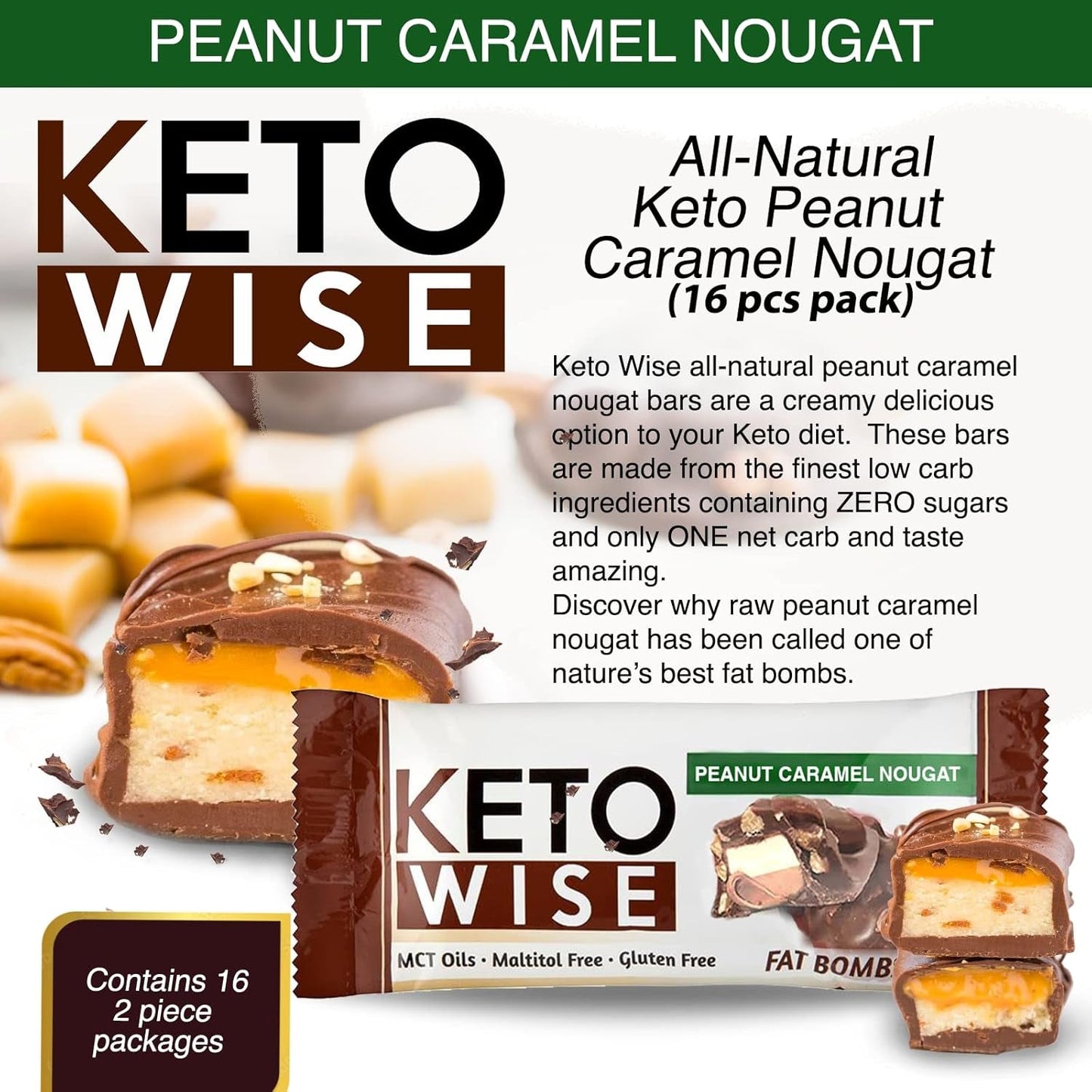 Keto Wise Fat Bombs - Made with Chocolate Containing MCT Oil - 7G Fat, 2G Net Carbs | Peanut Caramel Nougat, Pack of 16