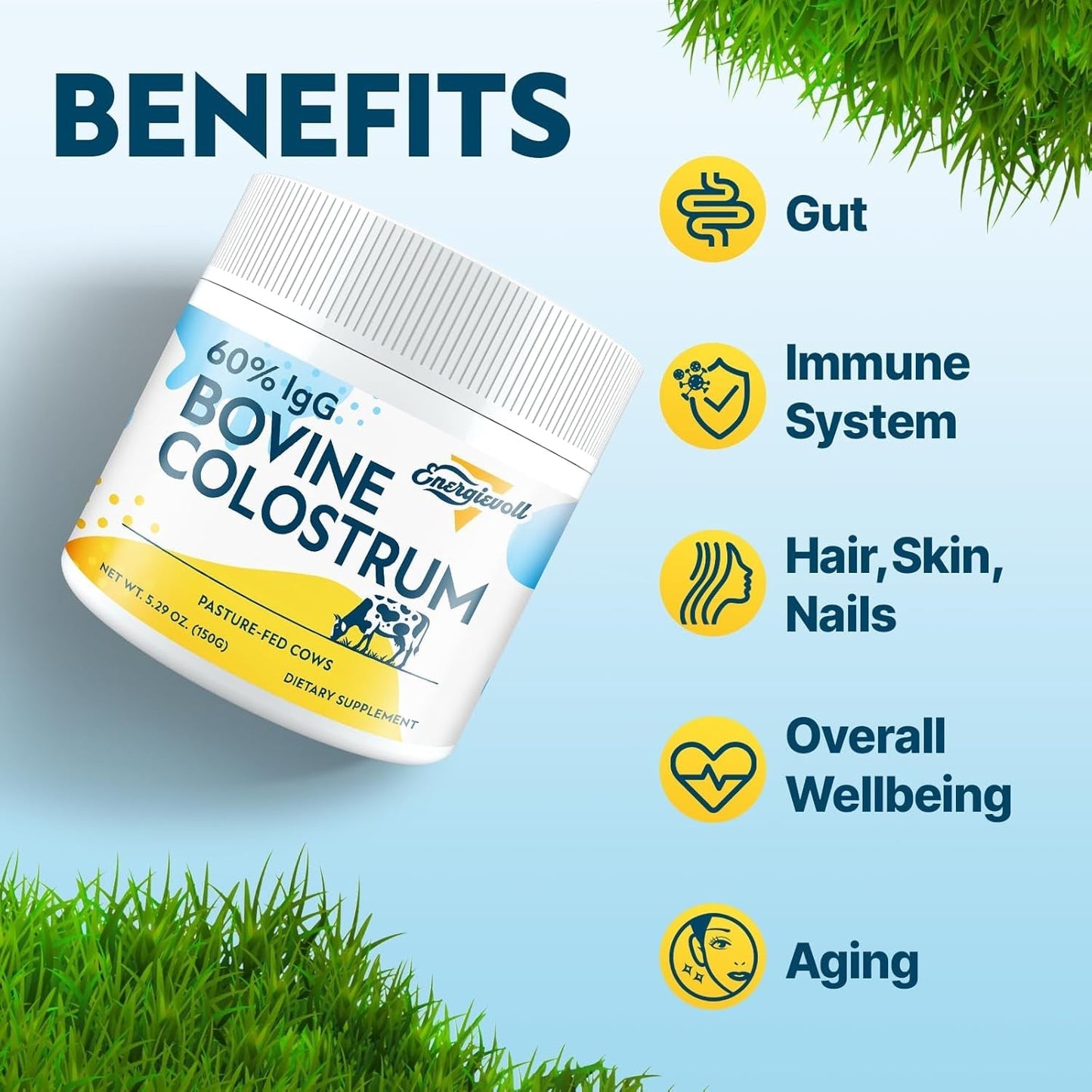 Bovine Colostrum Supplement Powder - 60% Igg 3000 Mg for Gut, Hair Growth, Beauty, and Immune - (50 Servings)