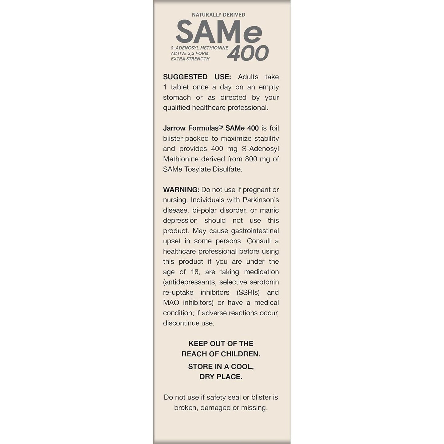 Jarrow Formulas Same 400 Mg, Supports Joint Health, Liver Function, Brain Metabolism, 30 Tablets