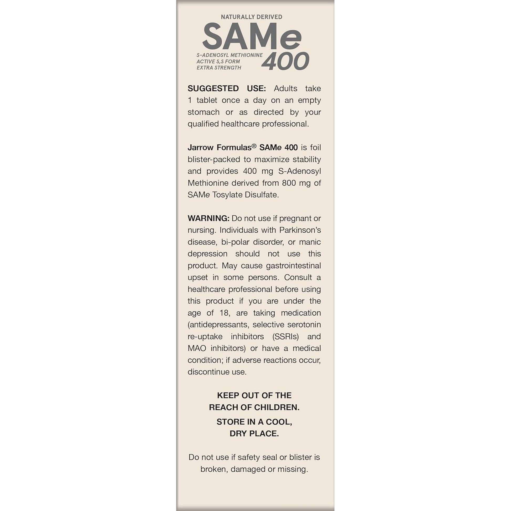 Jarrow Formulas Same 400 Mg, Supports Joint Health, Liver Function, Brain Metabolism, 30 Tablets