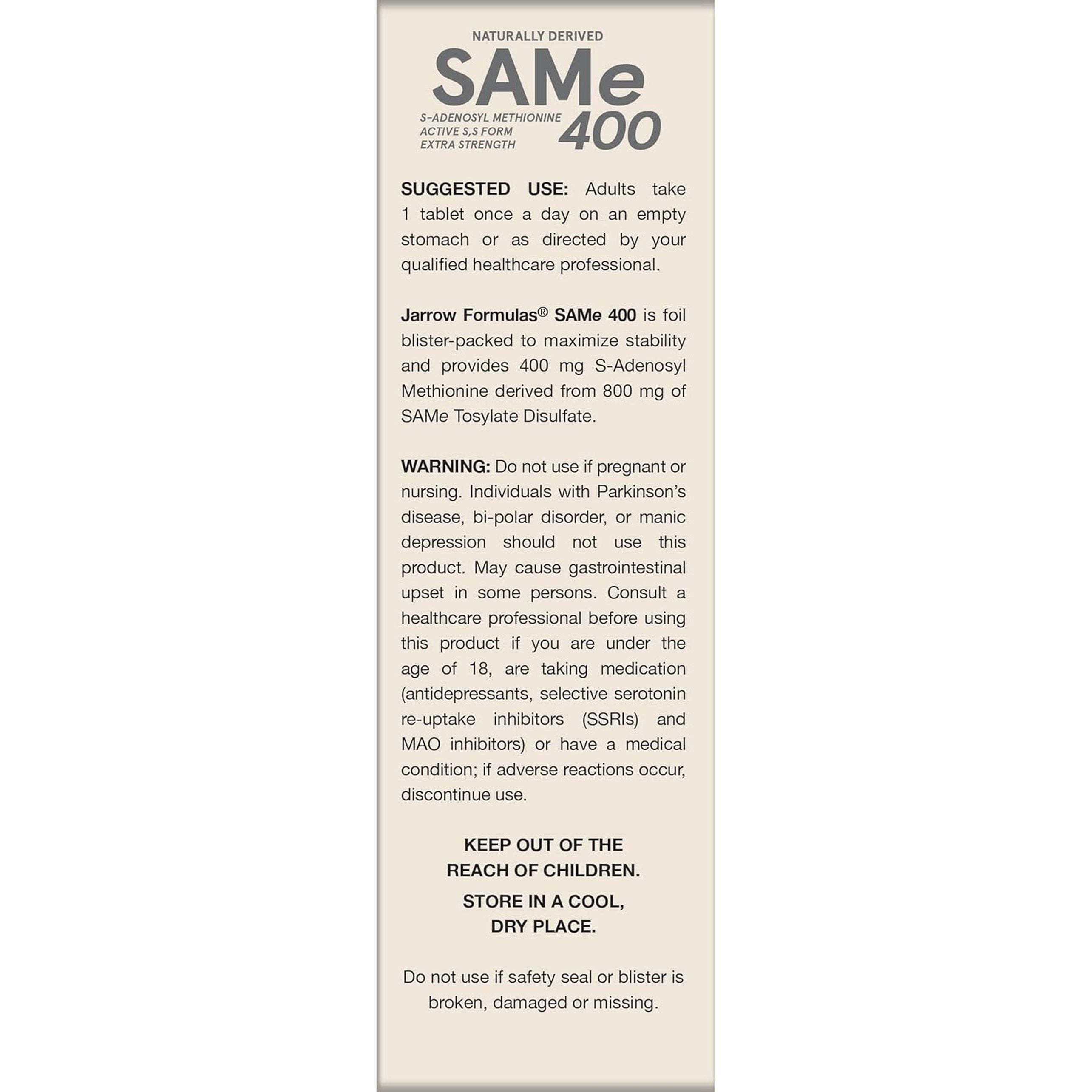 Jarrow Formulas Same 400 Mg, Supports Joint Health, Liver Function, Brain Metabolism, 30 Tablets