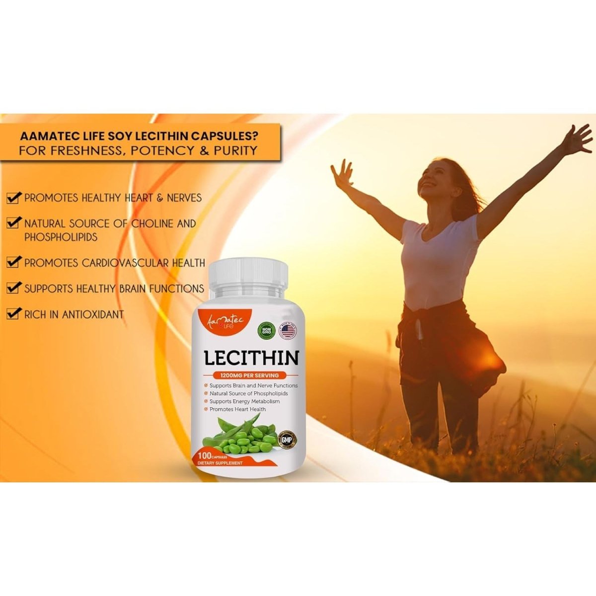 Aamatec Life Soy Lecithin 1200Mg Capsules Supplement for Heart, Liver & Brain Health – 100 Softgels / 1200Mg - Suppviv