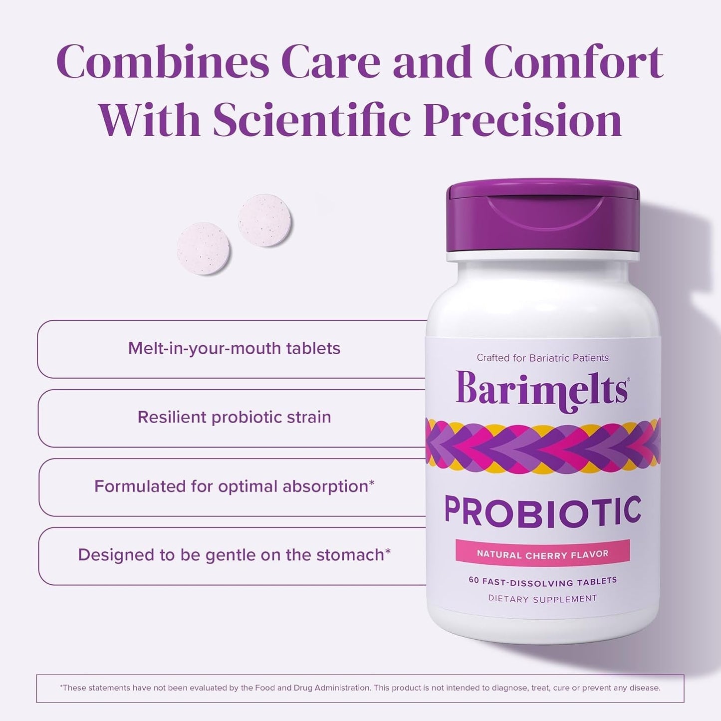 Barimelts Probiotic, 5 Billion CFU - Support Gut Health after Bariatric Surgery, Natural Cherry Flavor​ (For Women) 60 Tablets