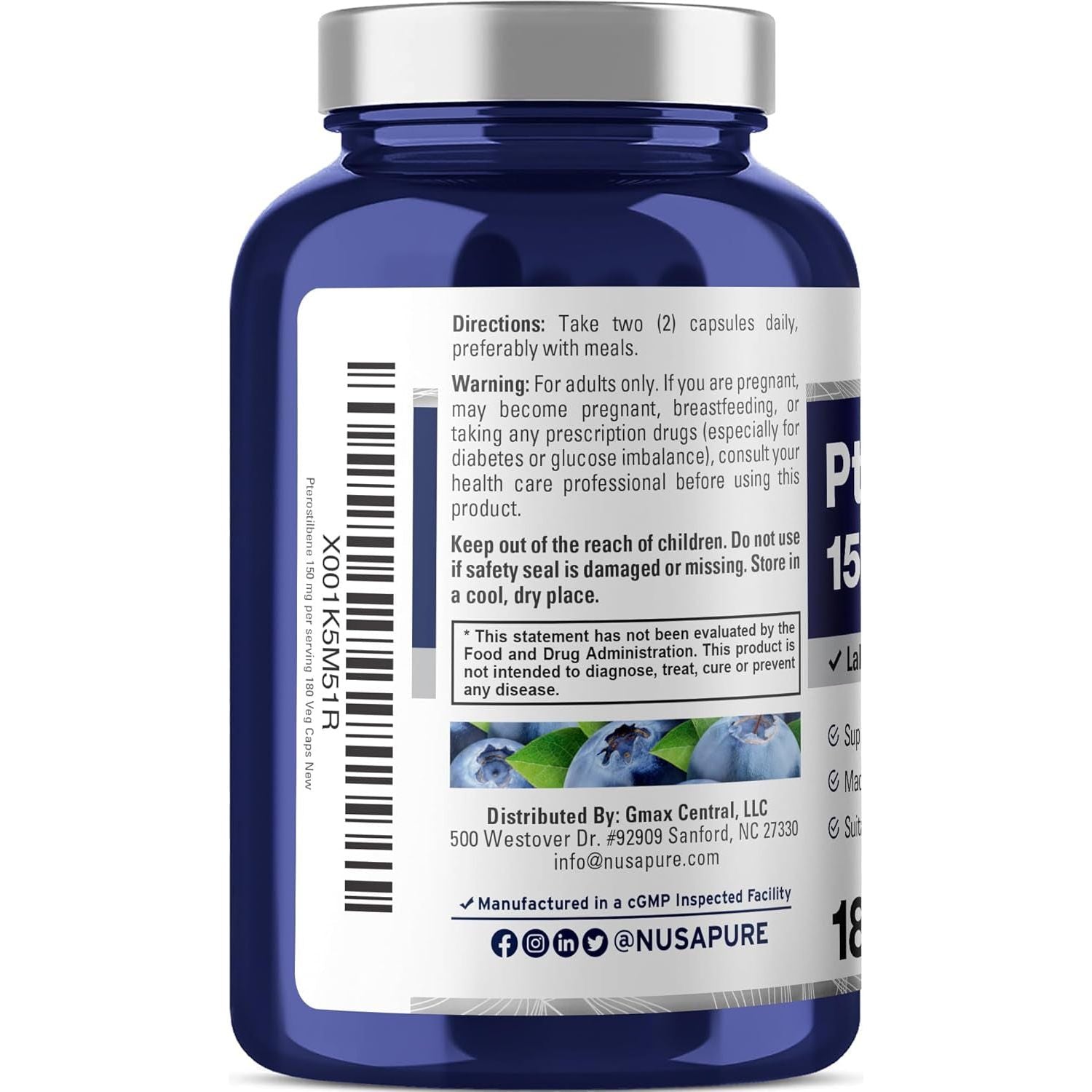 Nusapure Pterostilbene 150Mg 180 Veggie Caps (Non-Gmo, Vegan)