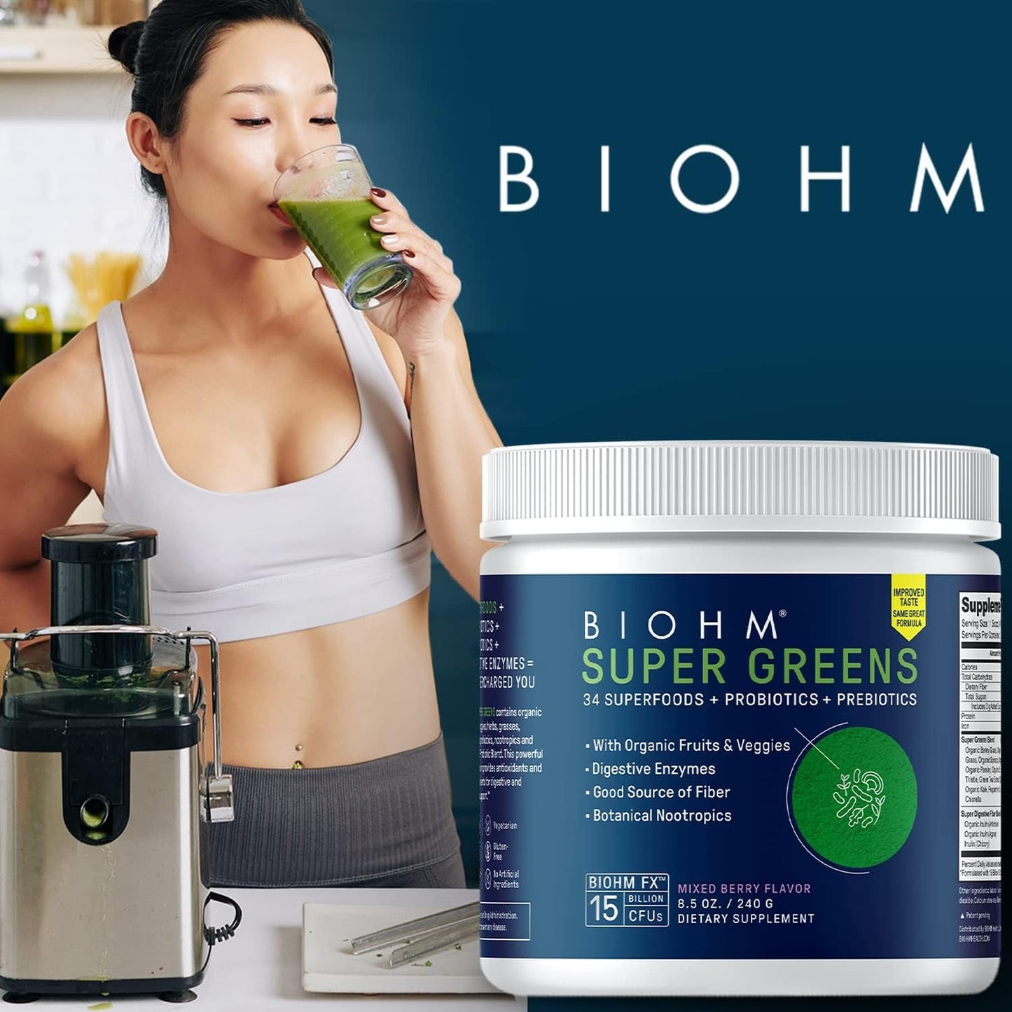 BIOHM Super Greens, Antioxidant Veggie Powder & Smoothie Mix (8.5 Oz, 30 Servings)