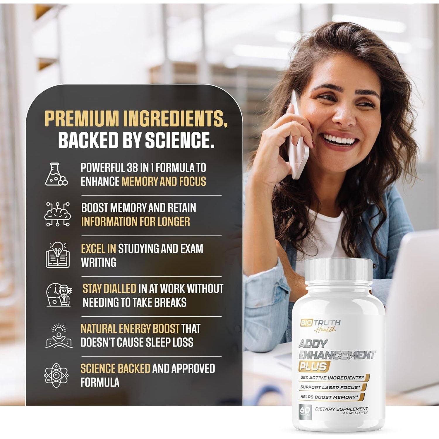 Biotruth Health - Highest Dosed 38 Ingredient Natural Adderall Substitute Brain Supplement Nootropic Pills - 60 Pills