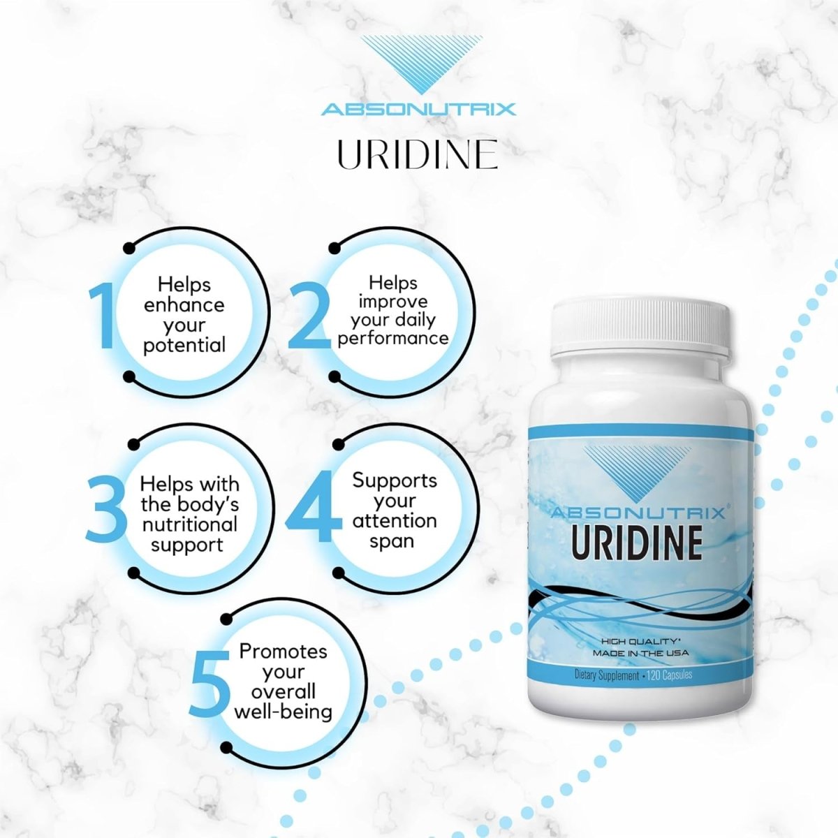 Absonutrix Uridine Monophosphate (Choline Enhancer) 500Mg per Capsule - 120 Vegetable Capsules Memory Made in USA - Suppviv