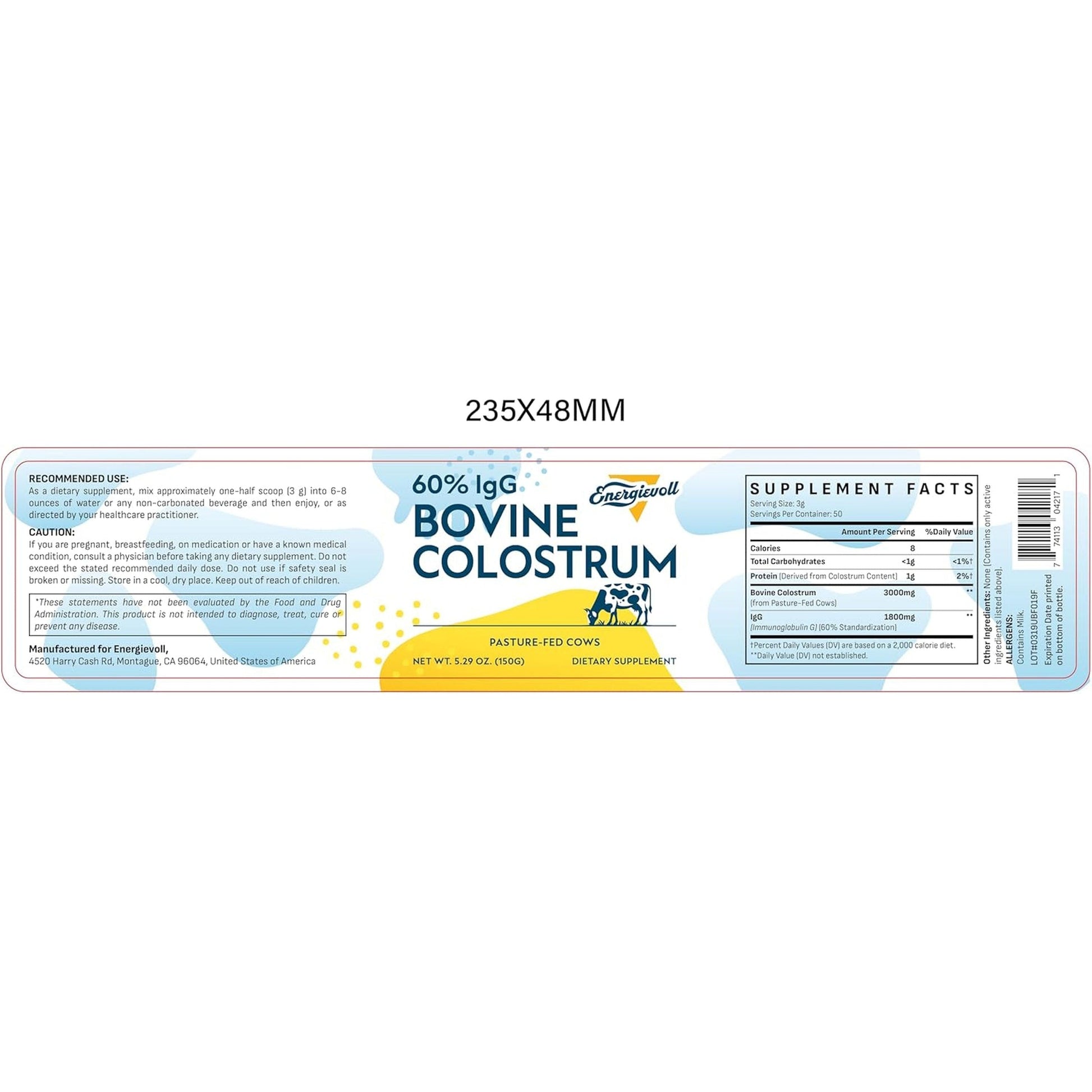 Bovine Colostrum Supplement Powder - 60% Igg 3000 Mg for Gut, Hair Growth, Beauty, and Immune - (50 Servings)