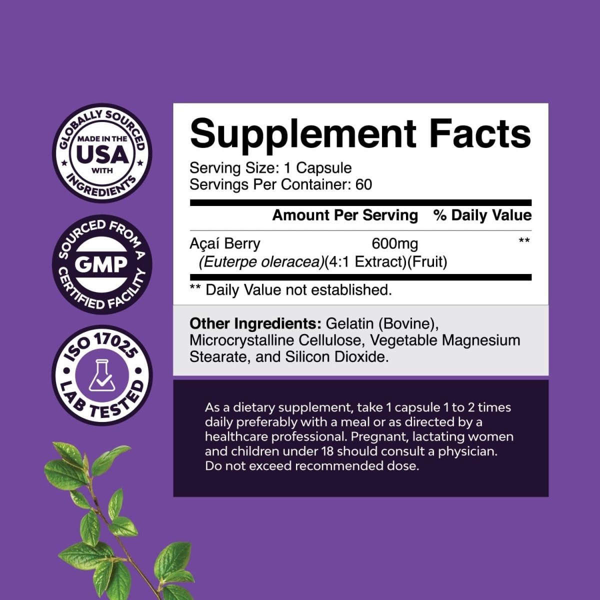Acai Berry Antioxidant Support Weight Loss Supplement for Women and Men - 60 Servings - Suppviv