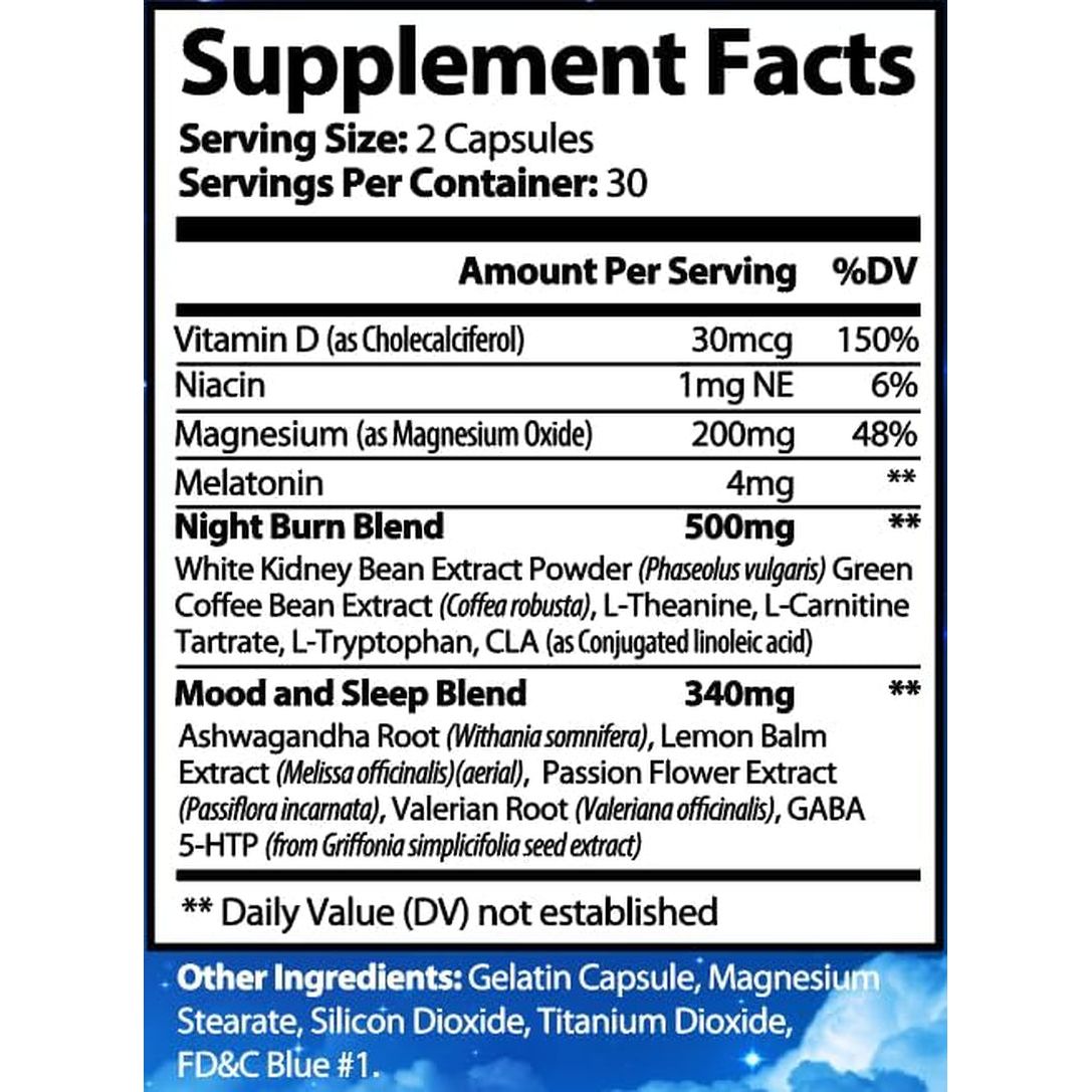 Night Time Fat Burner - Appetite Suppressant, Metabolism Booster and Sleep Support 60 Capsules