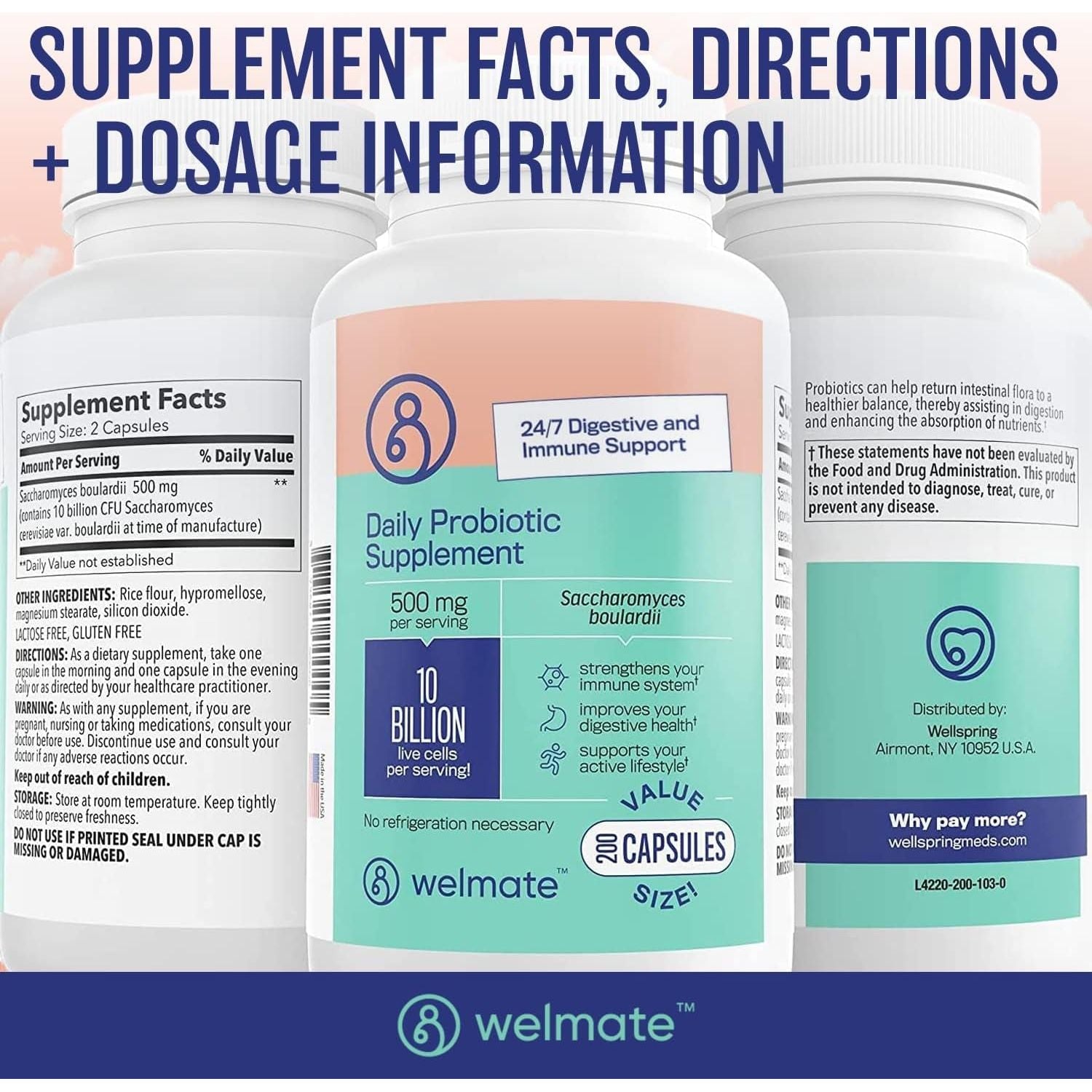 WELMATE Saccharomyces Boulardii | Daily Probiotic Supplement | 10 Billion CFU 200 Veggie Capsules