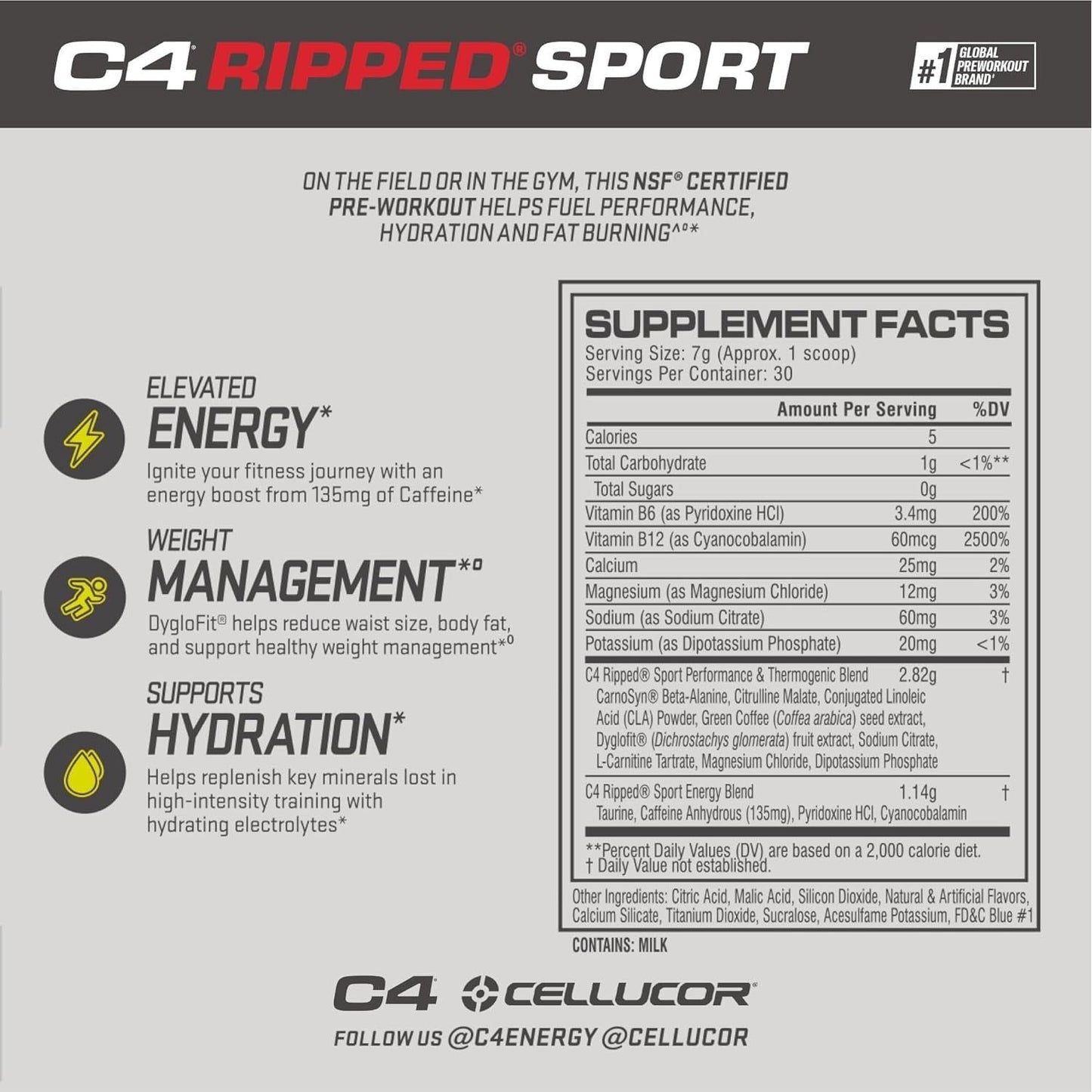 C4 Ripped Sport Pre Workout Powder Arctic Snow Cone - 135Mg Caffeine + Weight Loss - 30 Servings