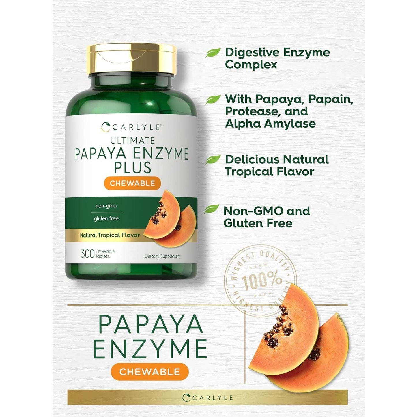 Carlyle Papaya Enzyme Chewable Tablets | Vegetarian, Non-Gmo, Gluten Free Formula | Tropical Flavor