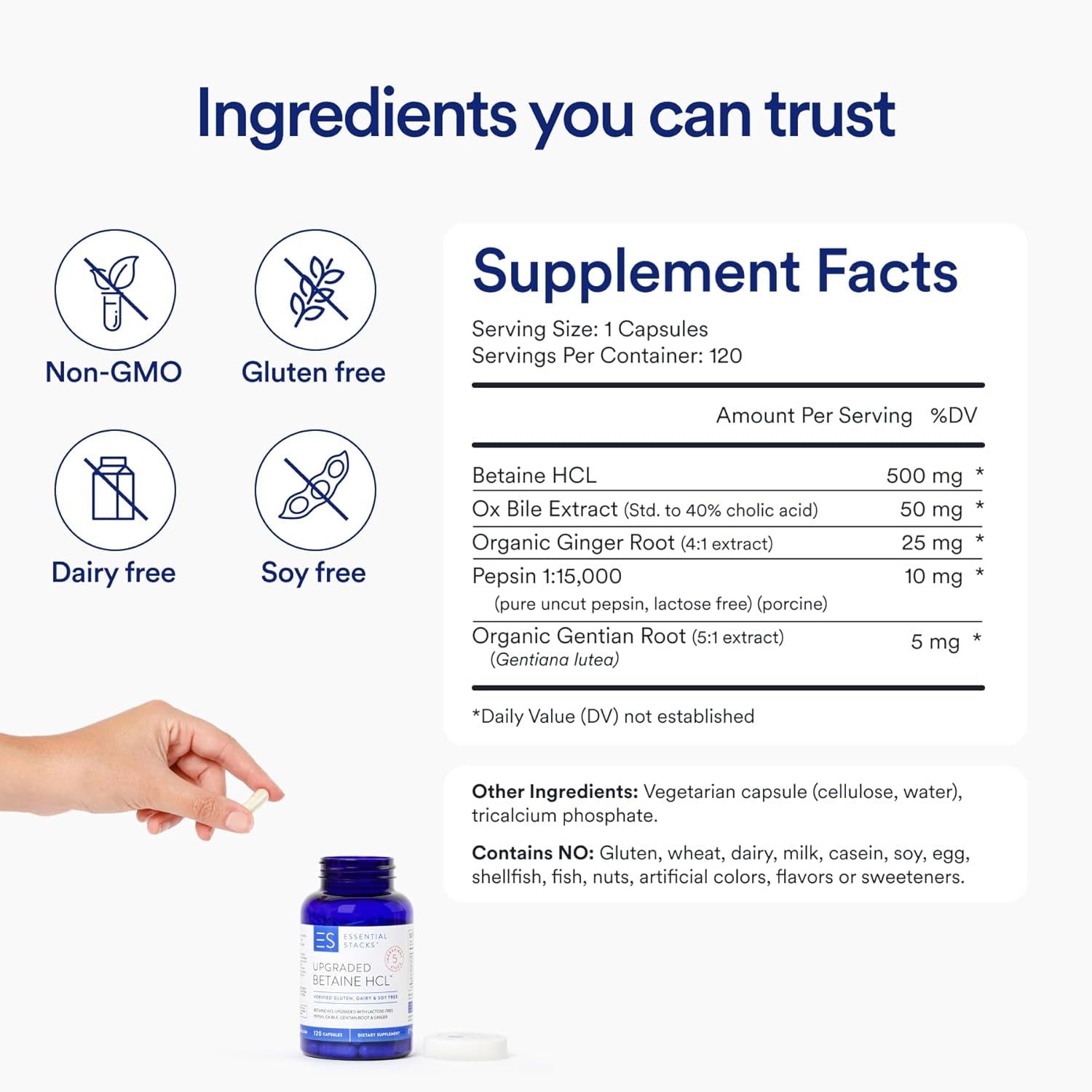 Essential Stacks Betaine HCL with Pepsin, Ox Bile, Organic Gentian & Ginger  (120 Capsules)