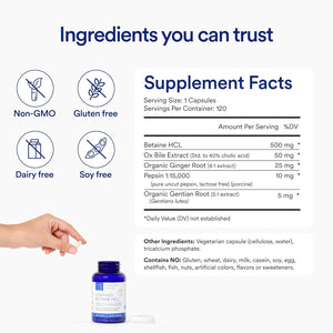 Essential Stacks Betaine HCL with Pepsin, Ox Bile, Organic Gentian & Ginger  (120 Capsules)