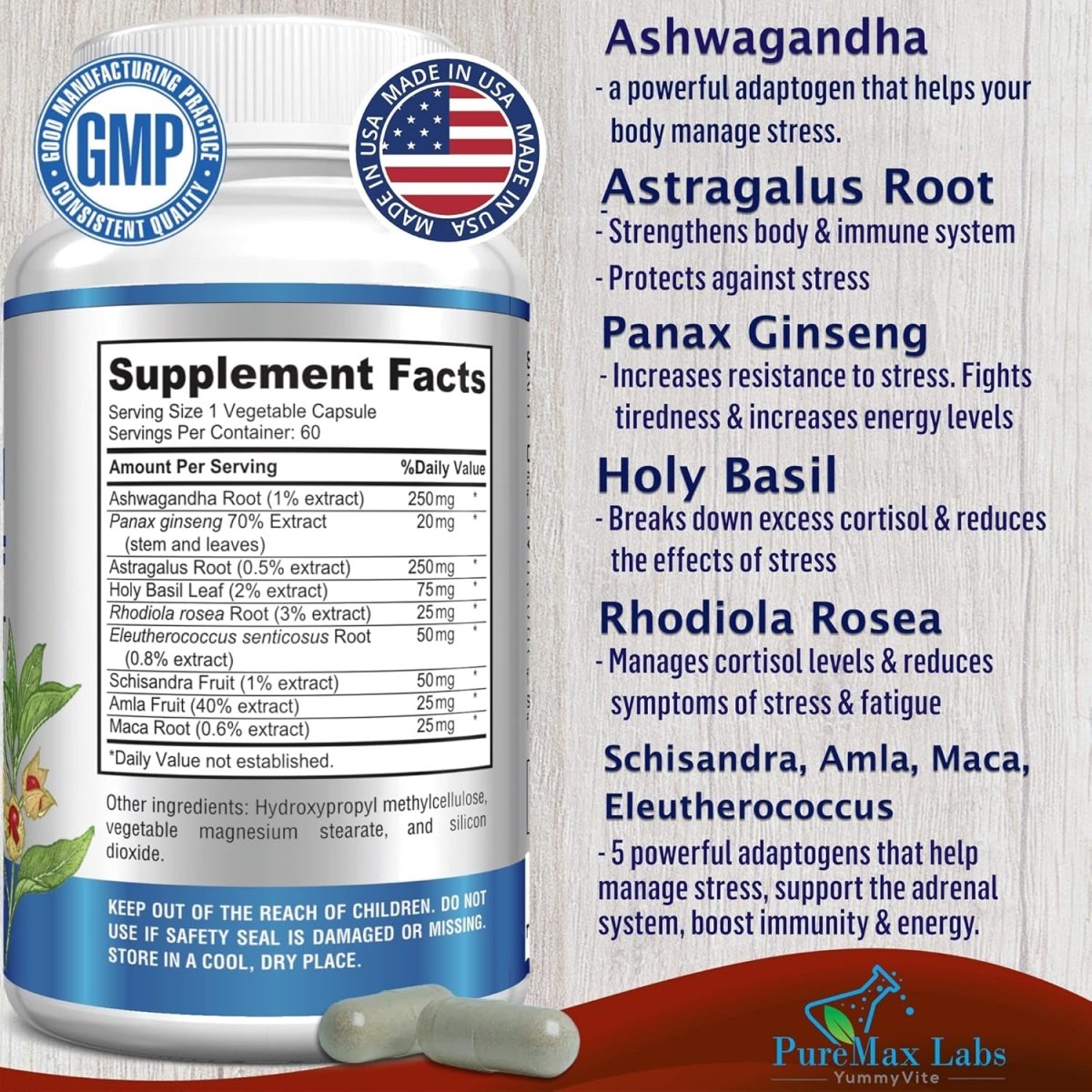 Adaptogen Stress Relief Immune Support Formula - Adaptogenic Adrenal Support 60 Capsules - Suppviv