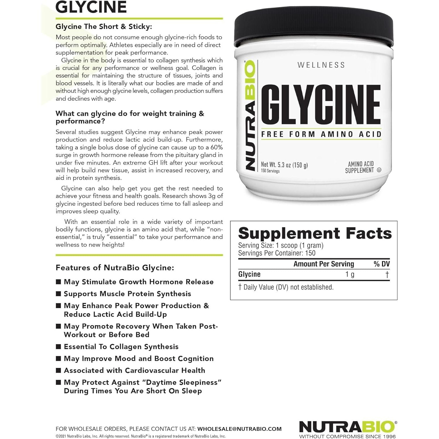 Nutrabio Glycine Powder - Free Form Amino Acid Supplement - 1000Mg, 150 Servings