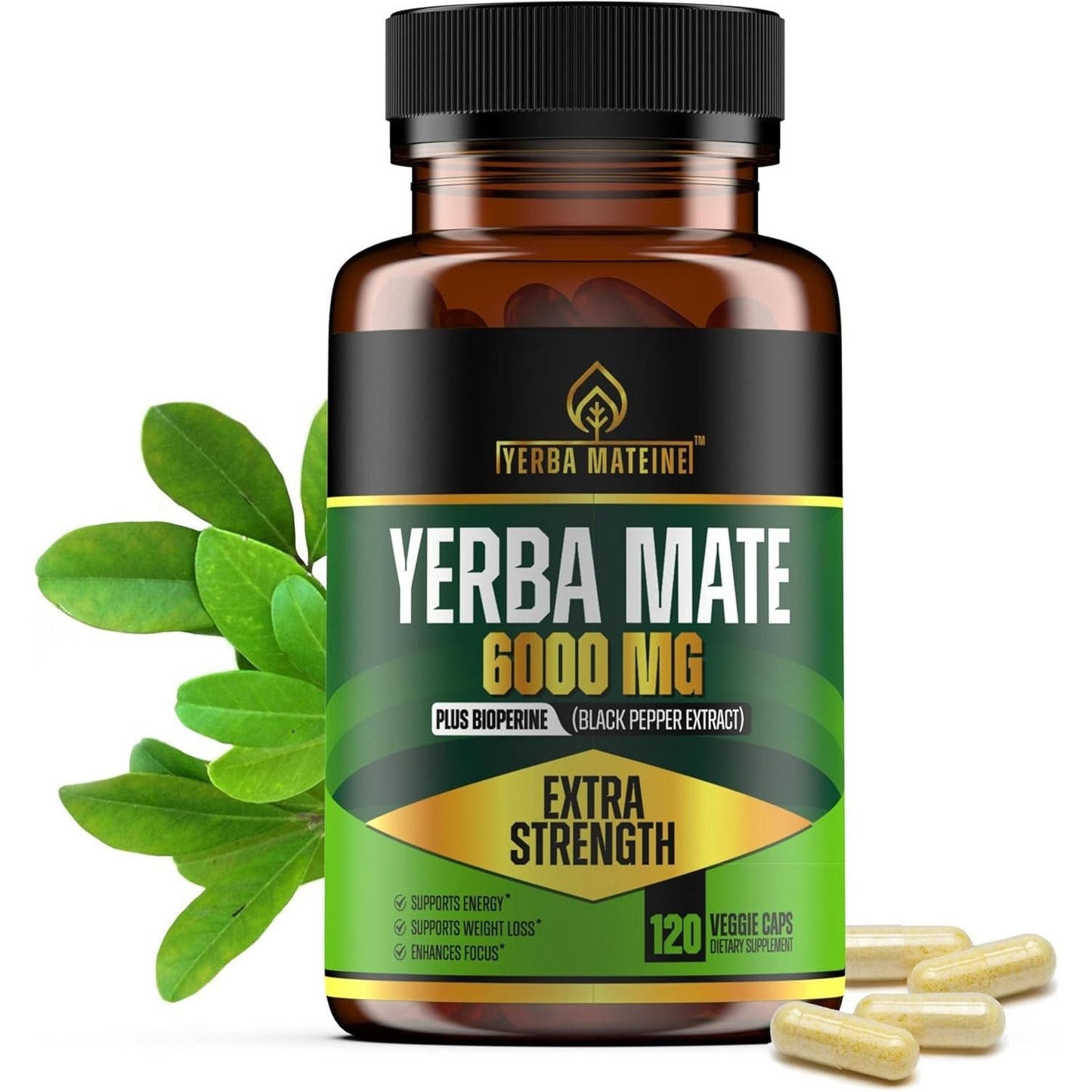 6000Mg Extra Strength Yerba Mate, 60Mg Caffeine per Capsule, for Clean Natural Energy, Improved Focus, Concentration - 120 Caps