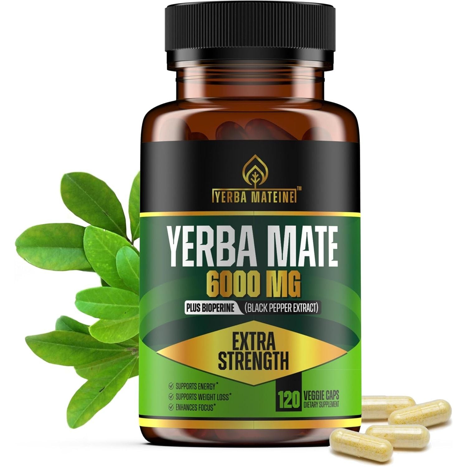 6000Mg Extra Strength Yerba Mate, 60Mg Caffeine per Capsule, for Clean Natural Energy, Improved Focus, Concentration - 120 Caps