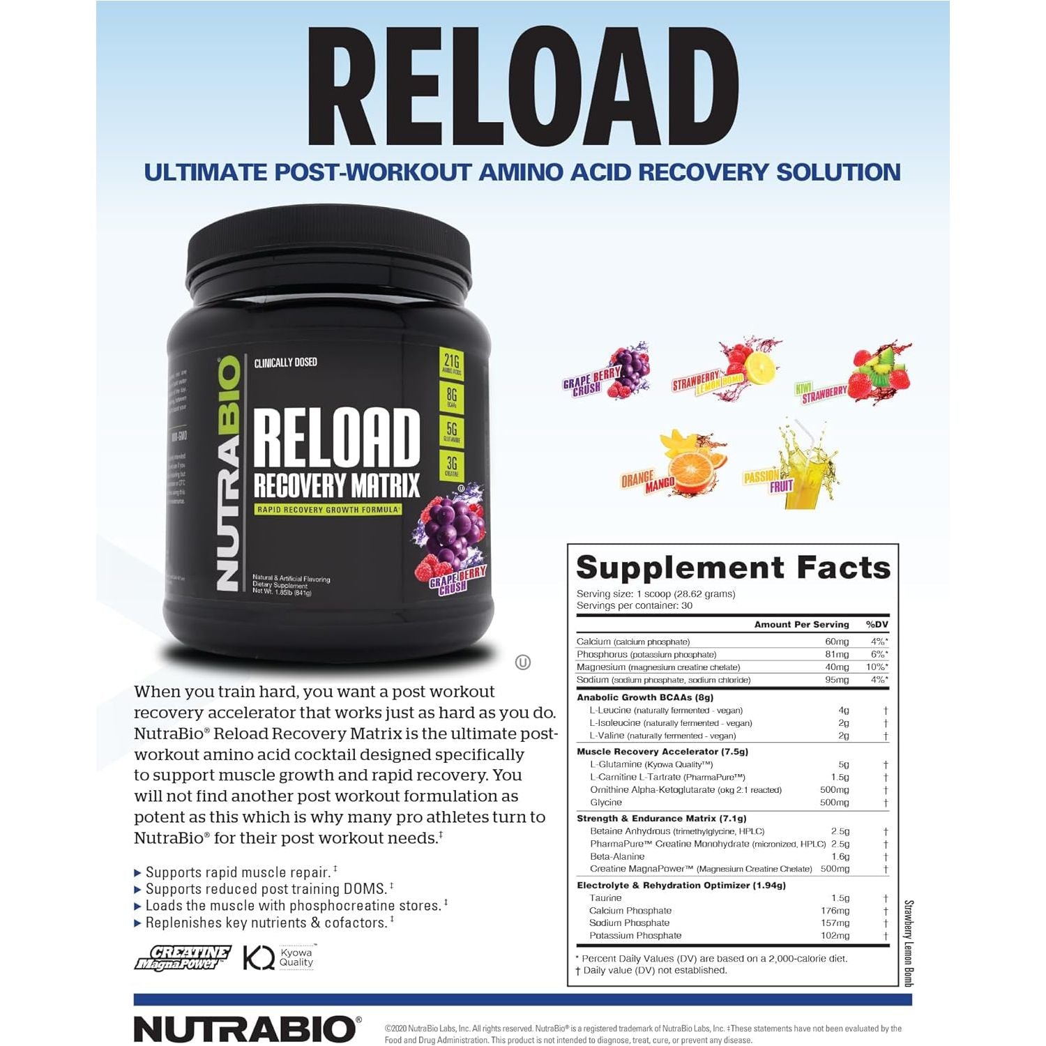 Nutrabio Reload - Powerful Muscular Recovery Formula  - 3G Creatine, 8G Bcaas, 5G Glutamine - 30 Servings, Orange Mango