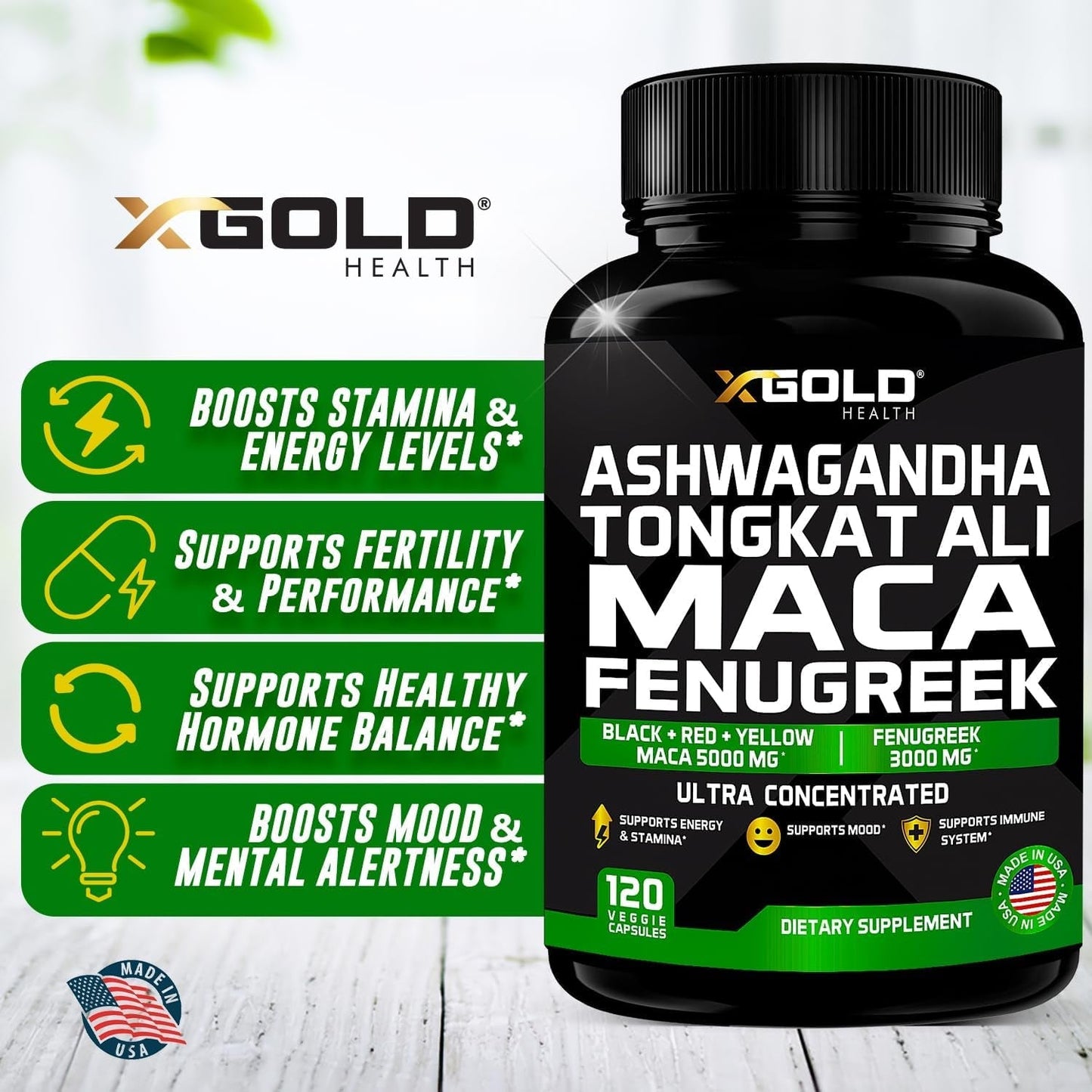 Ashwagandha 5000Mg + Tongkat Ali 1000Mg + Maca Root 5000Mg + Fenugreek 3000Mg Supplement - Made in USA