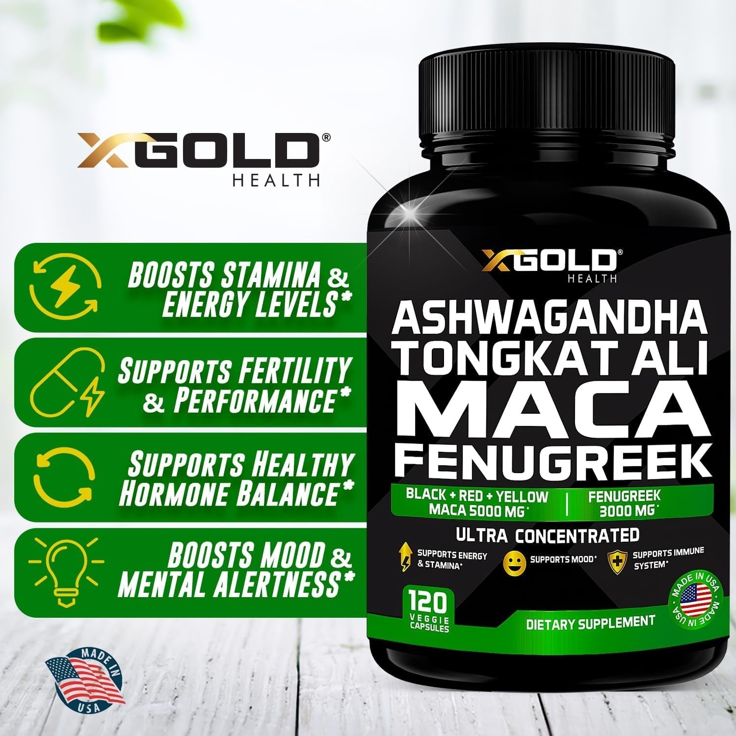 Ashwagandha 5000Mg + Tongkat Ali 1000Mg + Maca Root 5000Mg + Fenugreek 3000Mg Supplement - Made in USA